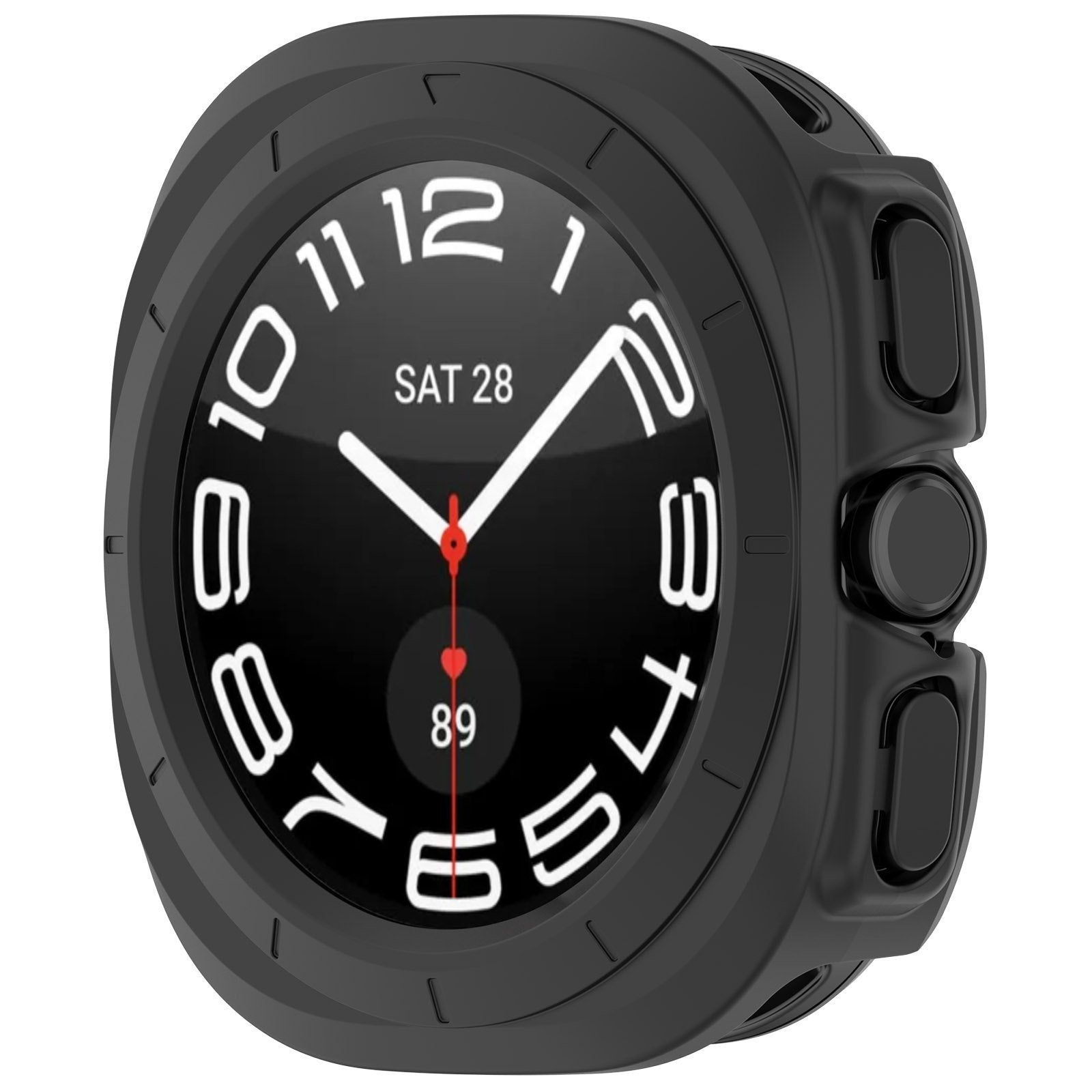 Schwarze Smartwatch mit weißen Ziffern und Zeigern. Zeigt Uhrzeit, Datum und Herzfrequenz an. Hat schwarze Knöpfe an der Seite.