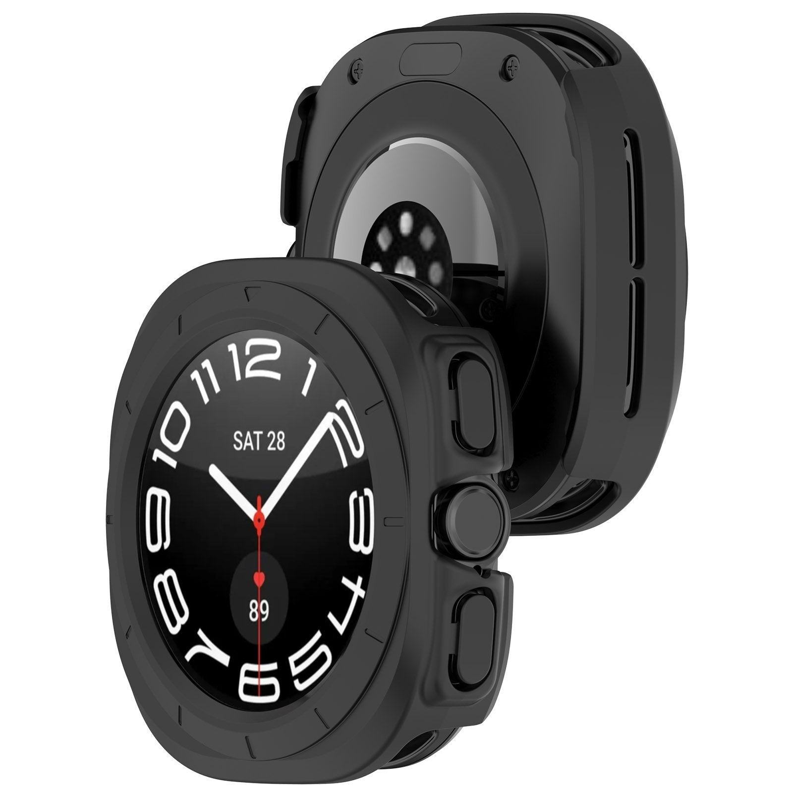 Schwarze Smartwatch mit Schutzhülle. Das Zifferblatt zeigt Datum, Uhrzeit und Akkustand an.