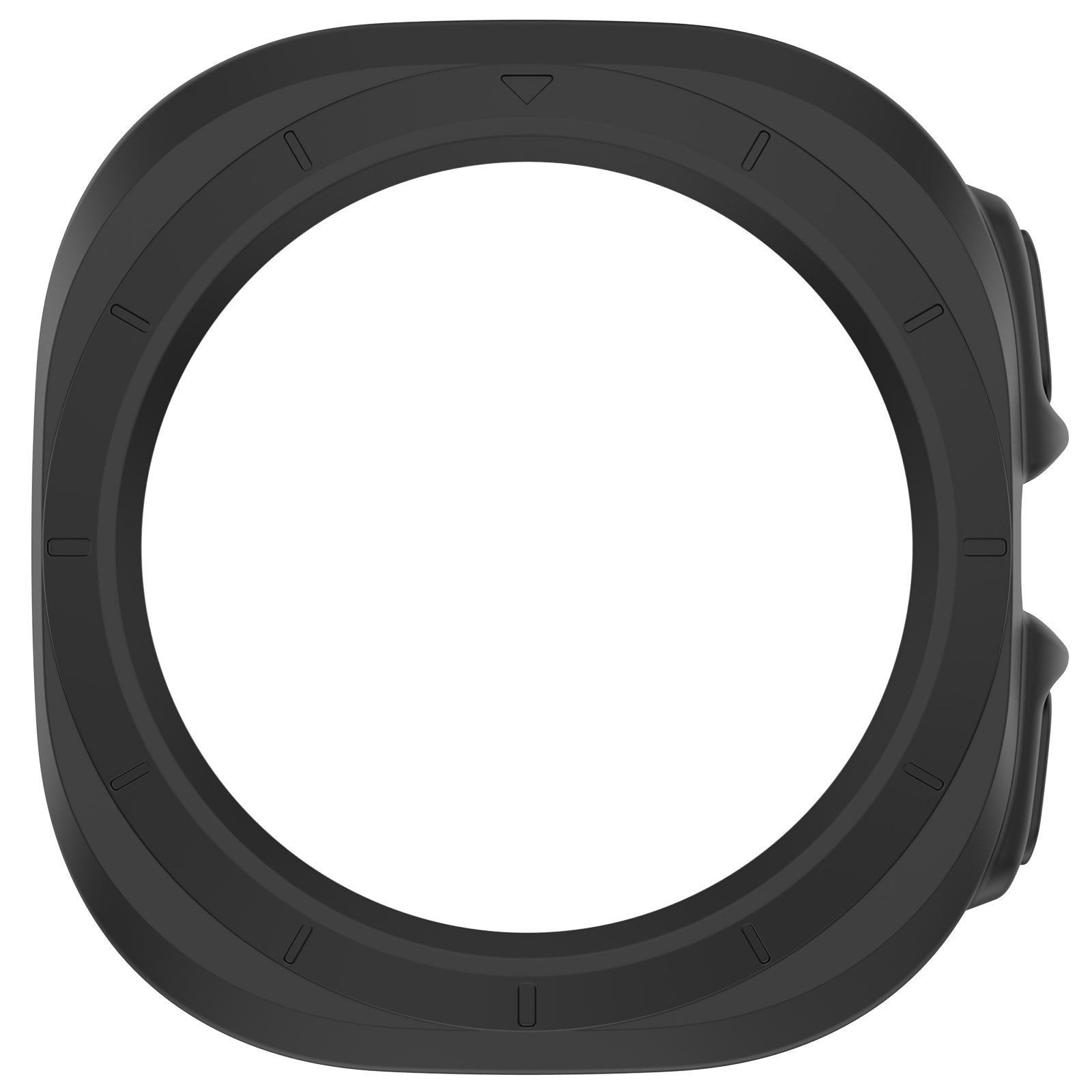 Schwarze Lünette mit weißem Hintergrund. Die Lünette hat eine kreisförmige Form mit rechteckigen und dreieckigen Details.