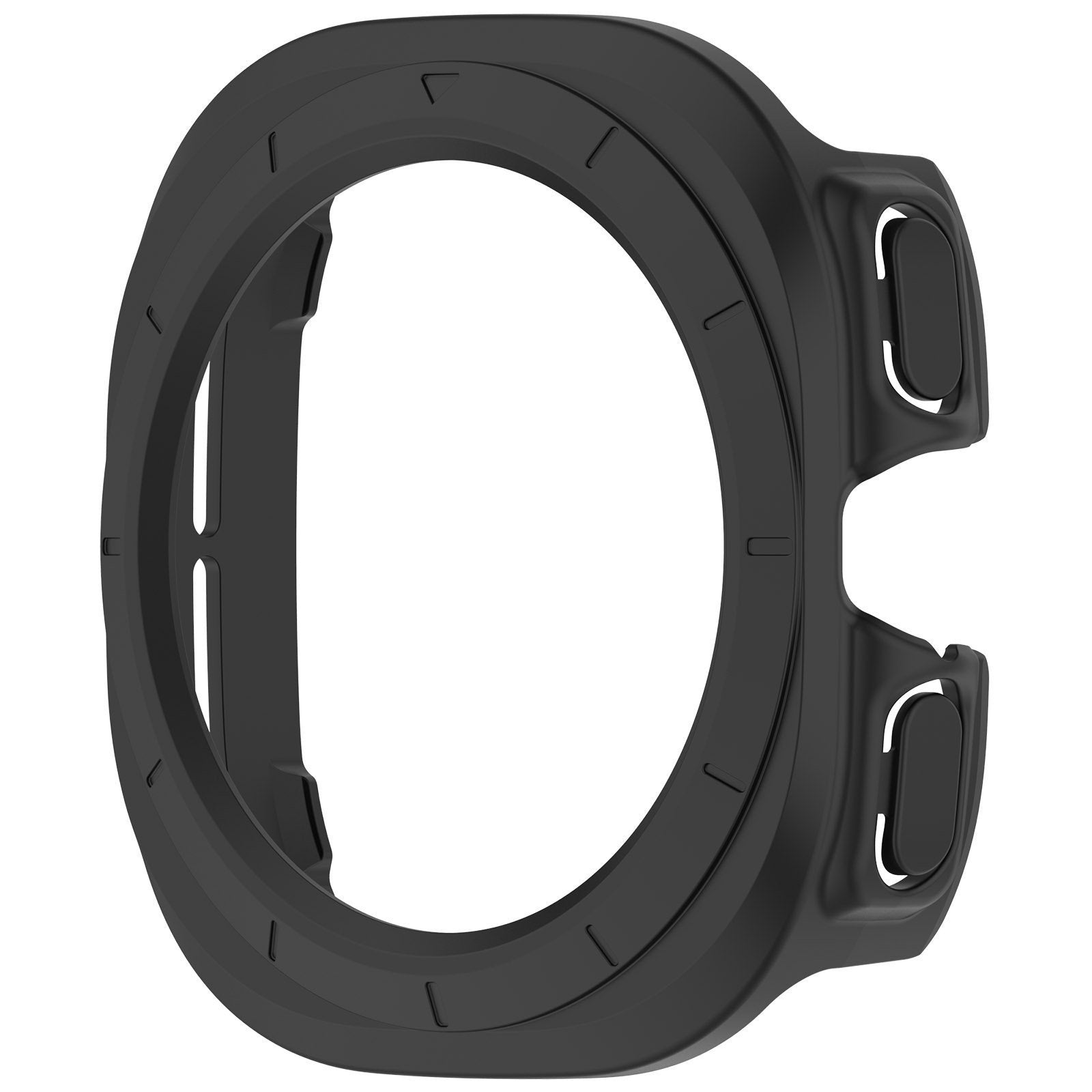 Eine schwarze Schutzhülle für eine Smartwatch. Sie hat eine kreisförmige Form mit Aussparungen und Tastenbereichen.