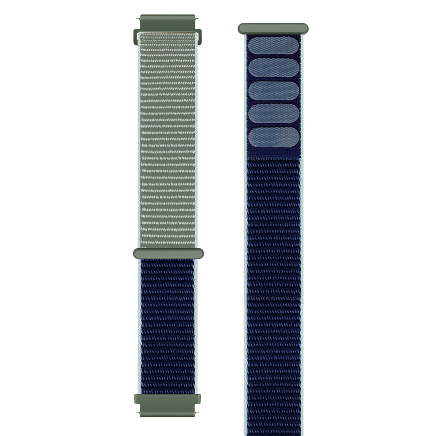 Zwei Armbänder: eines grau-grün und blau, mit Verschluss; das andere marineblau mit blauen Schlaufen und Verschluss.
