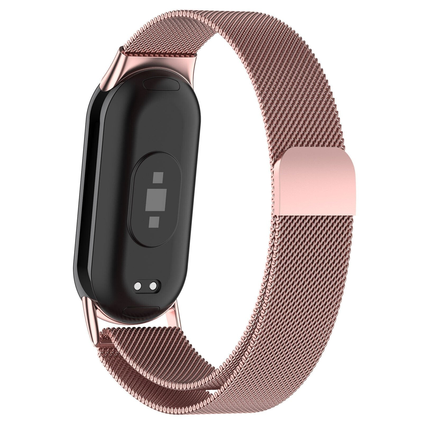 Schwarzer Fitnesstracker mit roségoldenem Metallband. Der Tracker befindet sich auf weißem Hintergrund.