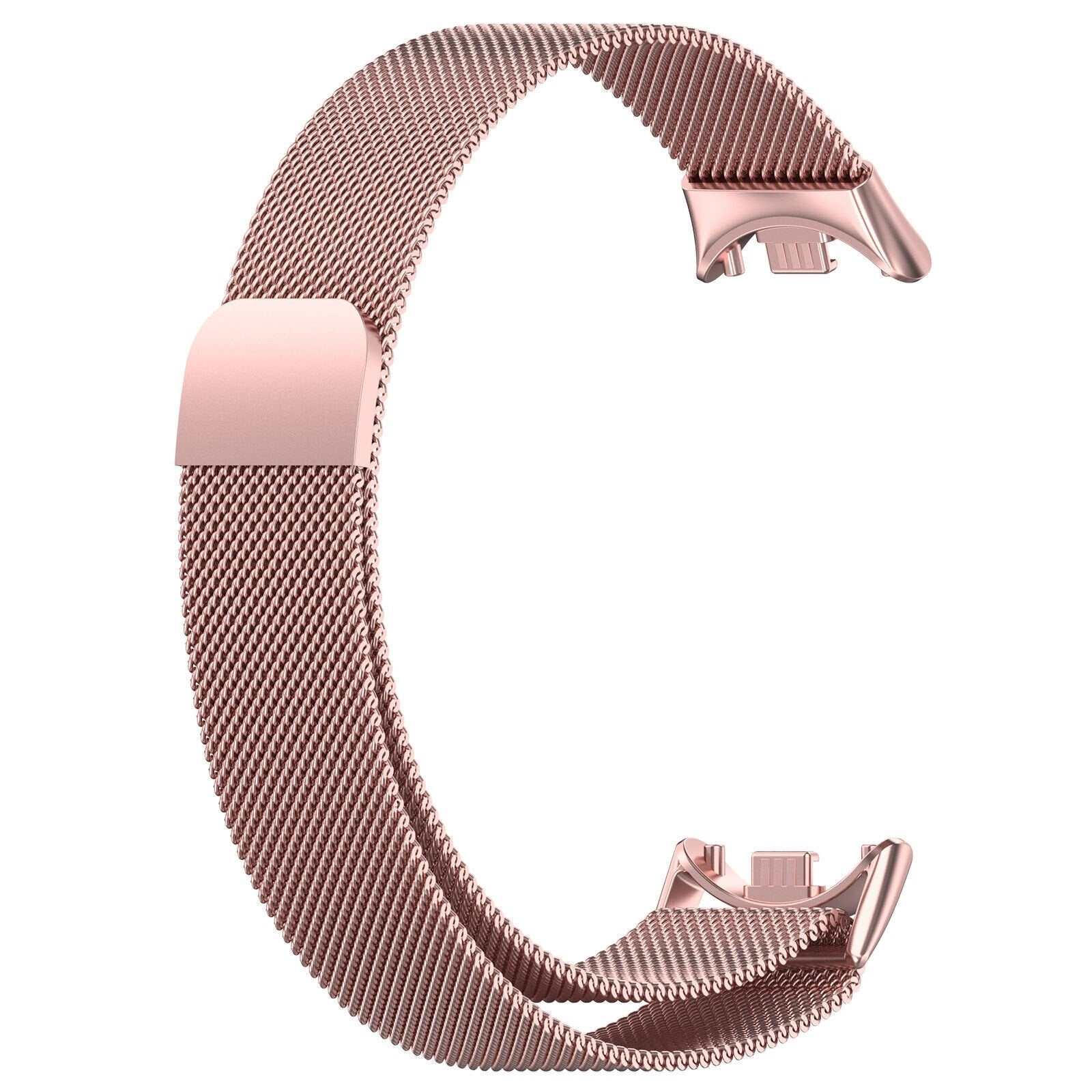 Roségoldenes Metallgeflecht-Uhrenarmband, gebogene Form. Mit Verschlüssen an beiden Enden zur Befestigung.