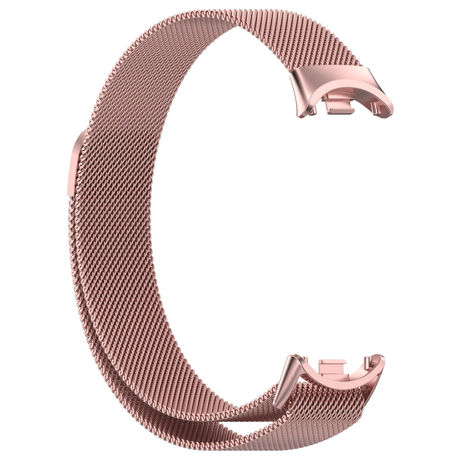 Ein roségoldenes Uhrenarmband aus feinem Mesh. Das Armband hat eine C-Form vor weißem Hintergrund und zwei Verschlüsse.