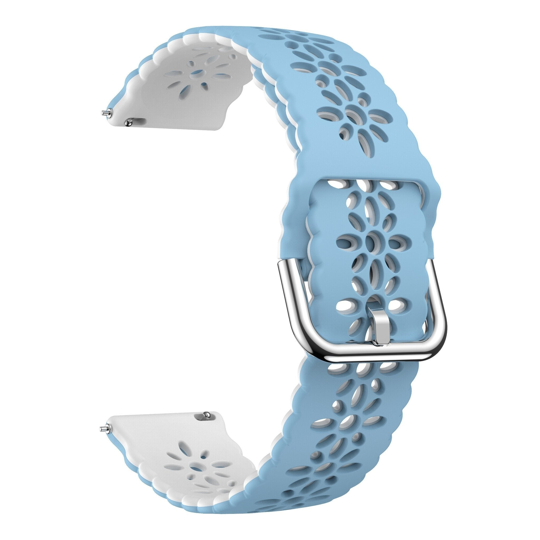 Hellblaues und weißes Uhrenarmband. Es hat ein Blumendesign mit Aussparungen. Silberne Schnalle in der Mitte.