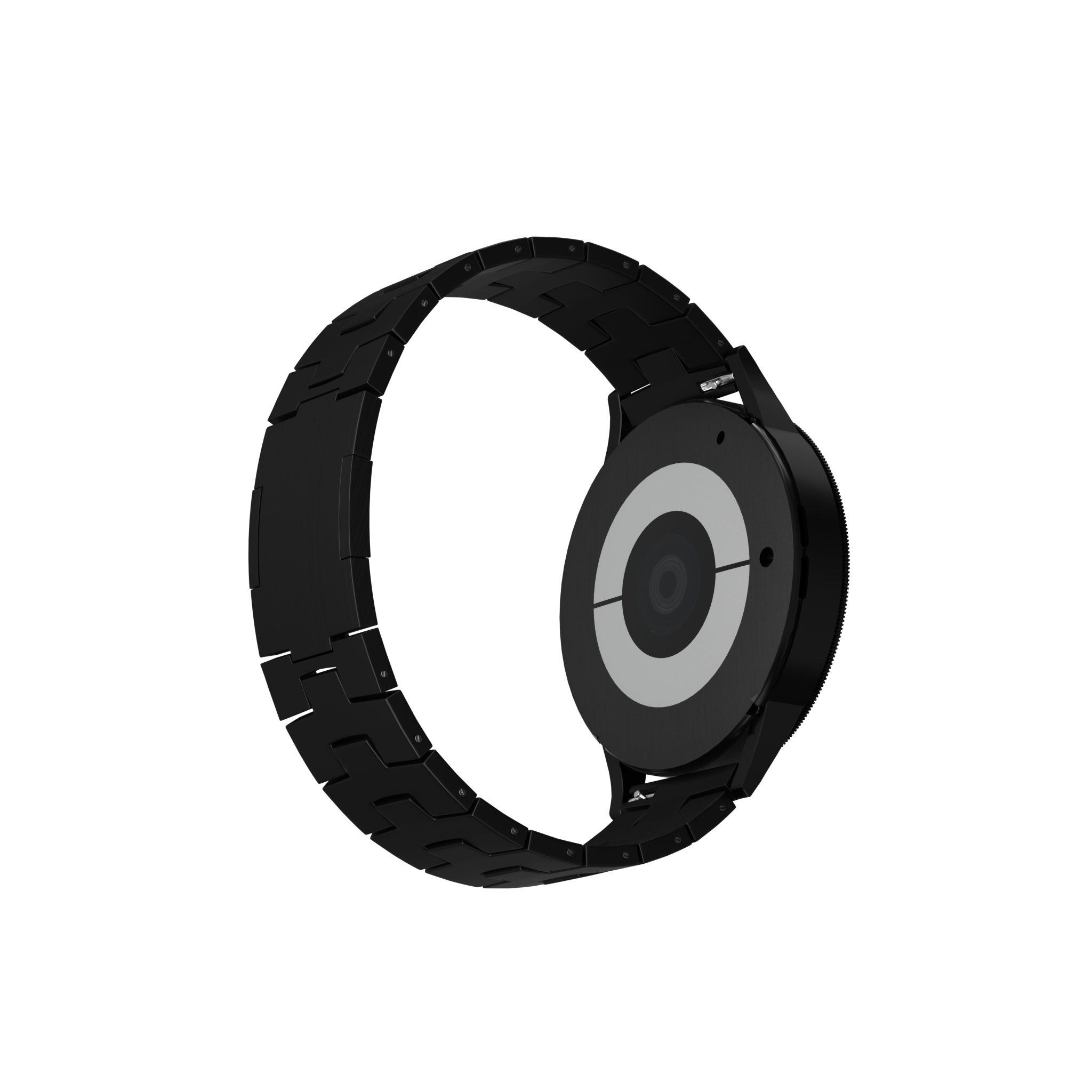 Schwarze Smartwatch mit kreisförmigem Zifferblatt und geometrischem Armband auf schwarzem Hintergrund. Das Zifferblatt hat einen weißen und grauen Kreis.