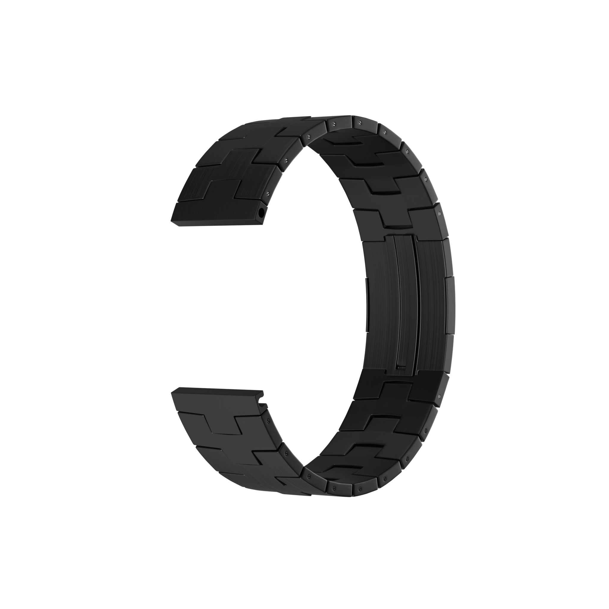Ein schwarzes Metall-Uhrenarmband ist vor schwarzem Hintergrund gebogen. Das Band besteht aus ineinandergreifenden rechteckigen Gliedern.