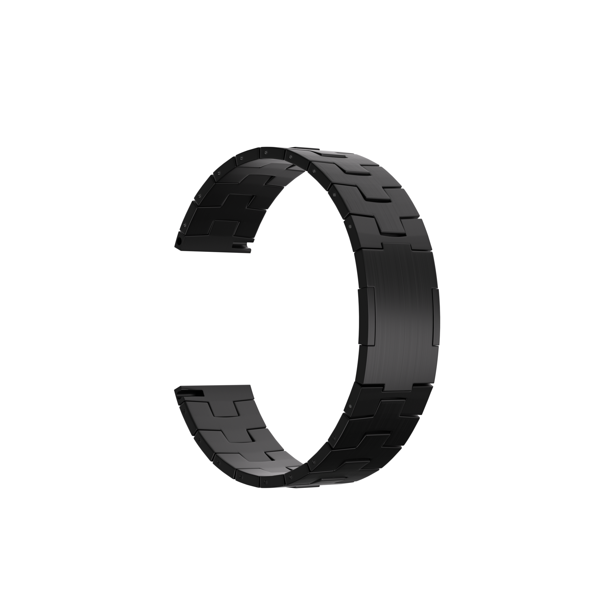 Ein schwarzes Metallarmband, gebogen, mit rechteckigen Gliedern. Der Hintergrund ist schwarz mit horizontalen, verblassten Farbbändern.