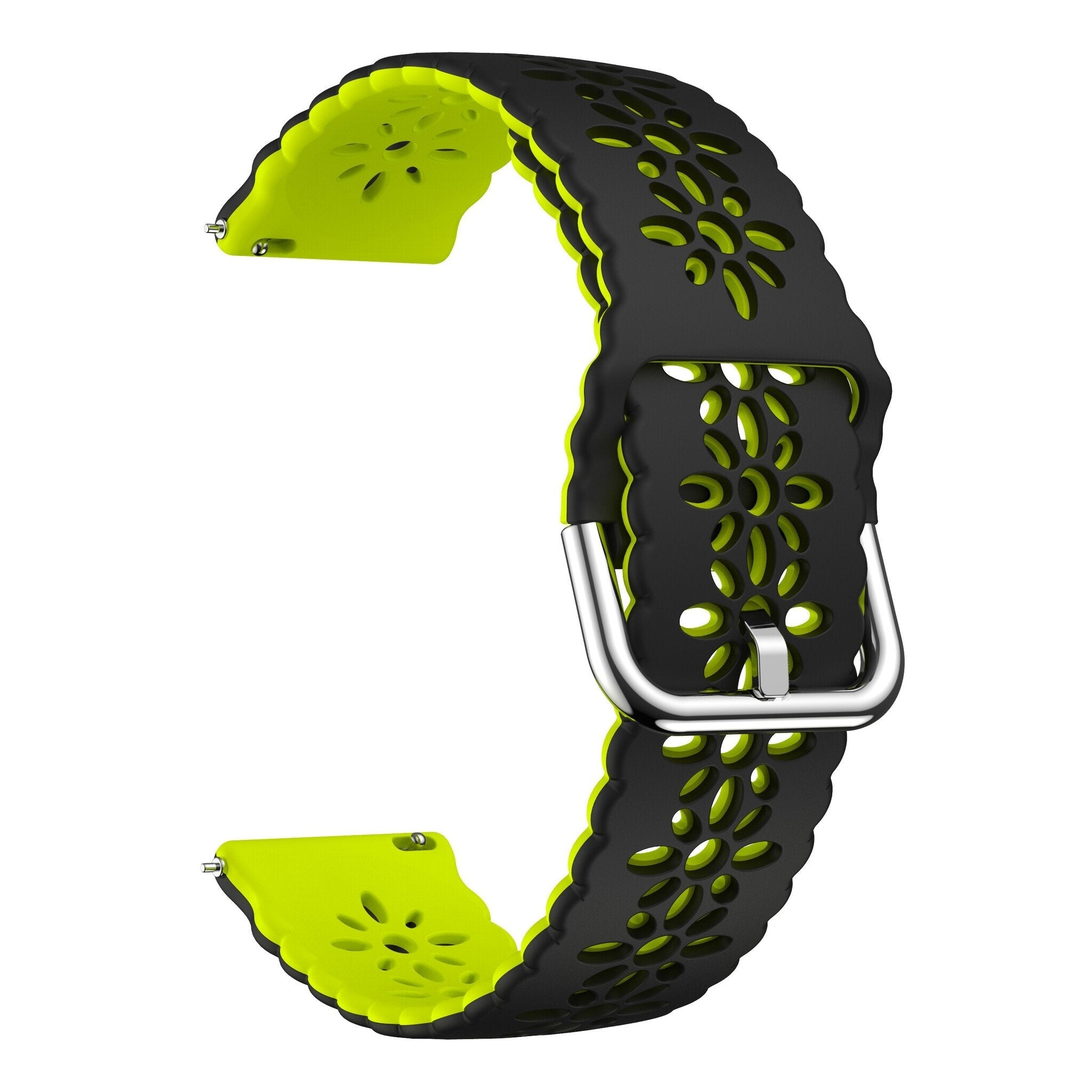 Ein Armband für eine Smartwatch mit schwarzer Außenseite, floralem Design und neongrüner Innenseite. Es hat eine silberne Schnalle.
