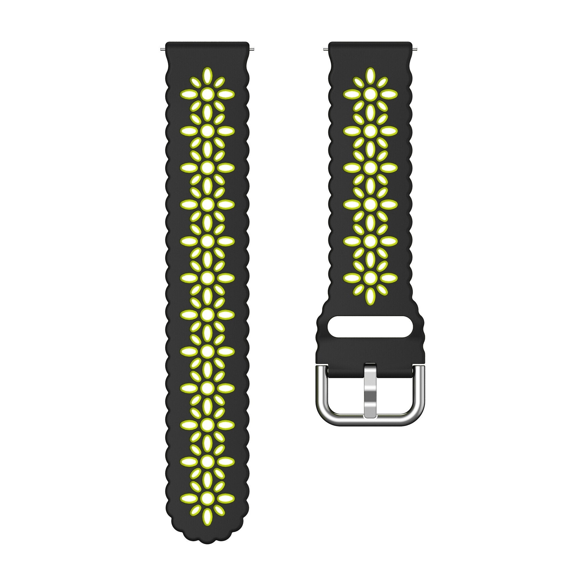 Zwei schwarze Uhrenarmbänder mit grünem Blumendesign, isoliert auf weißem Hintergrund. Eines hat eine Schnalle.