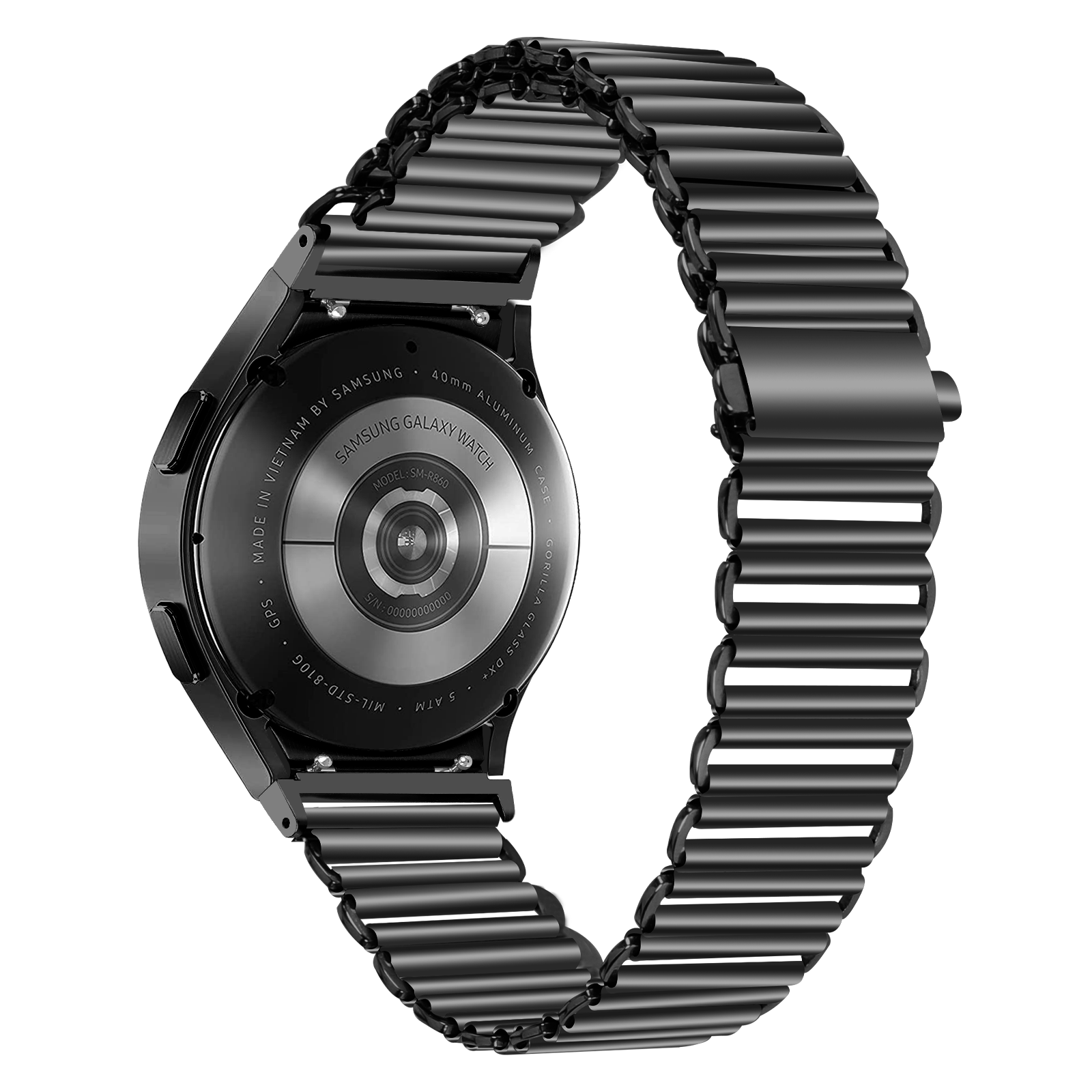 Schwarze Samsung Galaxy Watch mit Metallarmband. Die Uhr ist schwarz mit silbernem Rücken, der Details und Text zeigt.