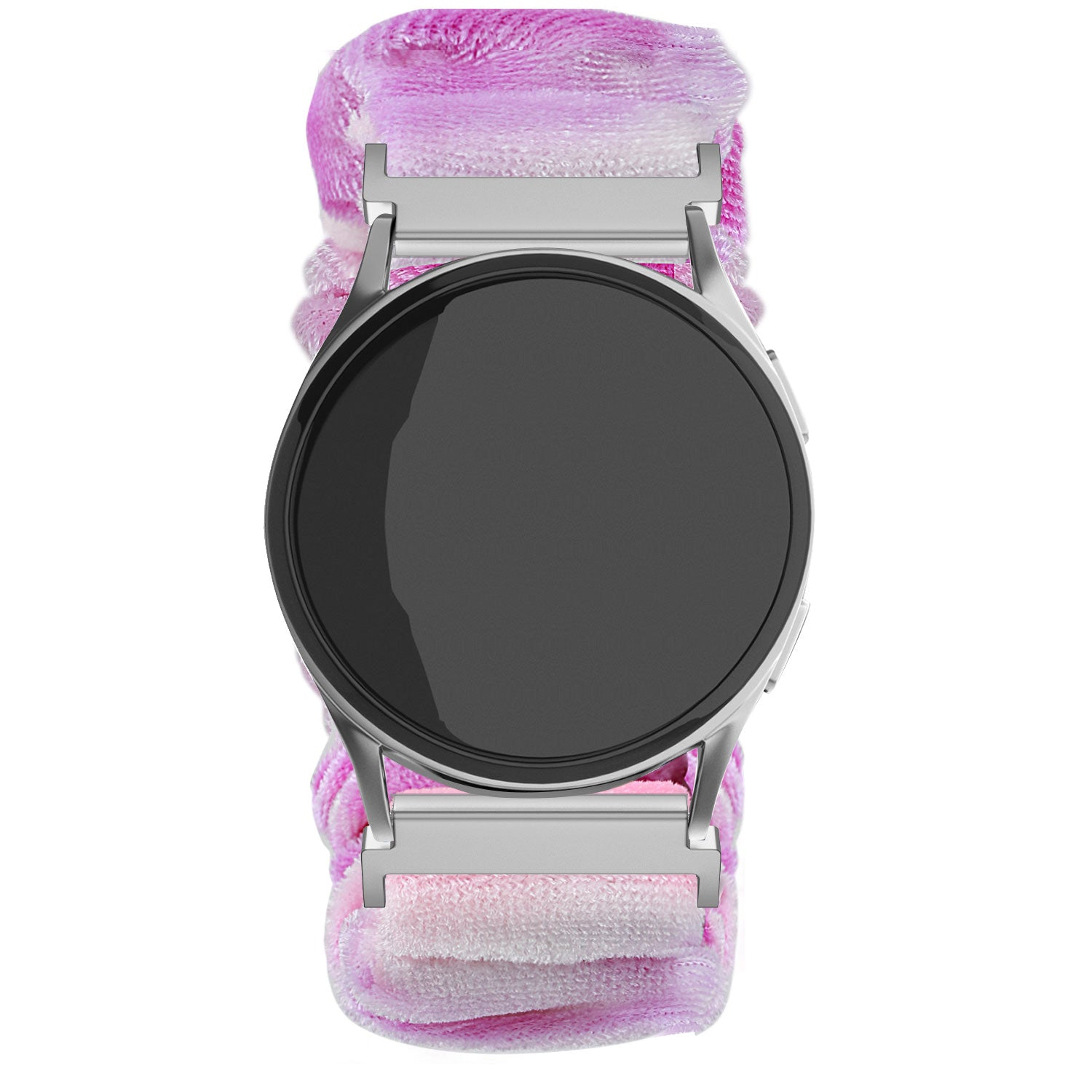 Eine Smartwatch mit schwarzem Bildschirm und einem rosa-weiß gestreiften Stoffarmband. Die Uhr ist silberfarben.