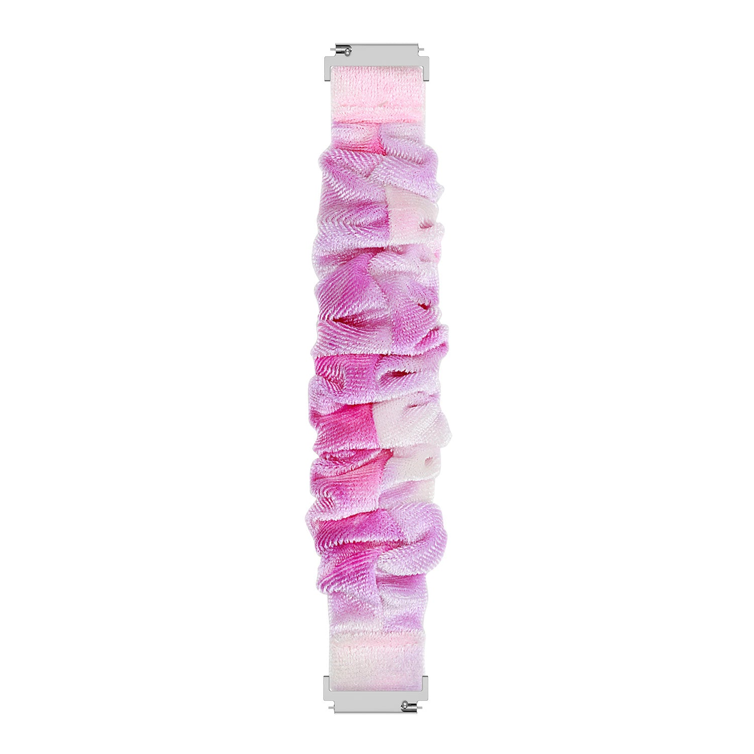 Ein Haargummi-Armband. Es ist rosa und weiß mit einer wellenförmigen Textur und silbernen Metallaufsätzen an beiden Enden.