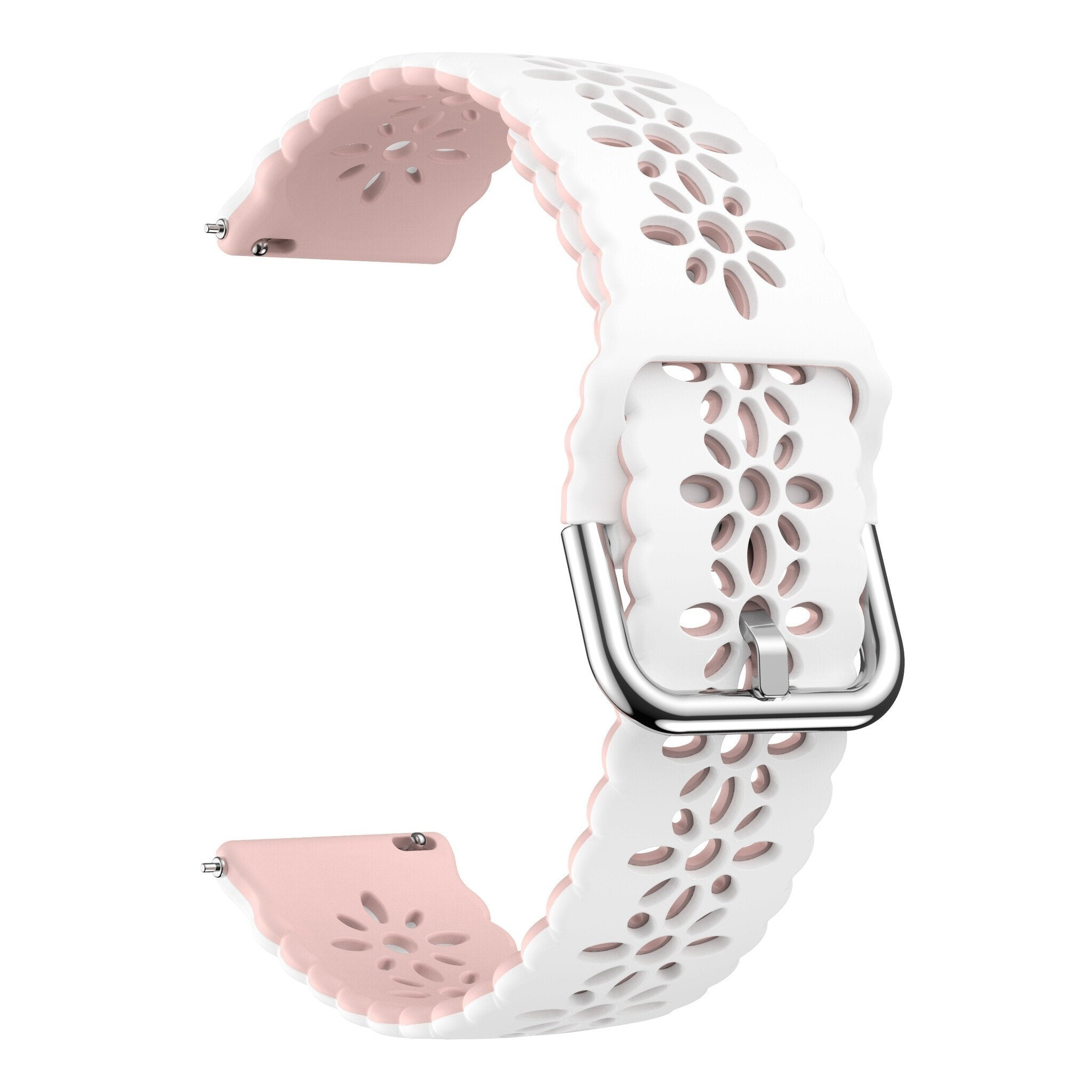 Ein weißes und rosa Uhrenarmband mit floralem Design und silberner Schnalle. Der Hintergrund ist weiß.