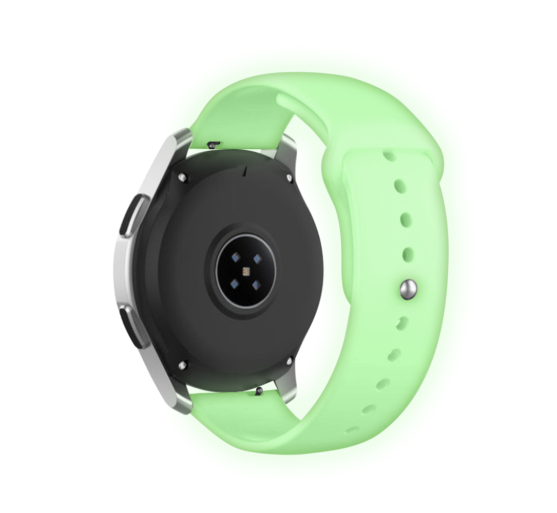 Eine silberne Smartwatch mit hellgrünem Armband. Die Unterseite der Uhr ist schwarz mit Sensor. Das Armband ist mit silbernen Stiften befestigt.