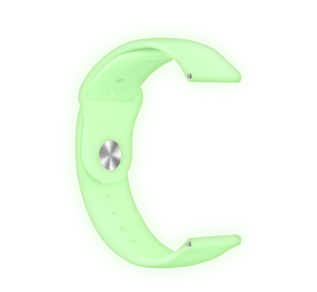 Ein hellgrünes Uhrenarmband auf weißem Hintergrund. Es hat einen silbernen Knopf und zwei silberne Stifte. Das Armband ist gebogen.