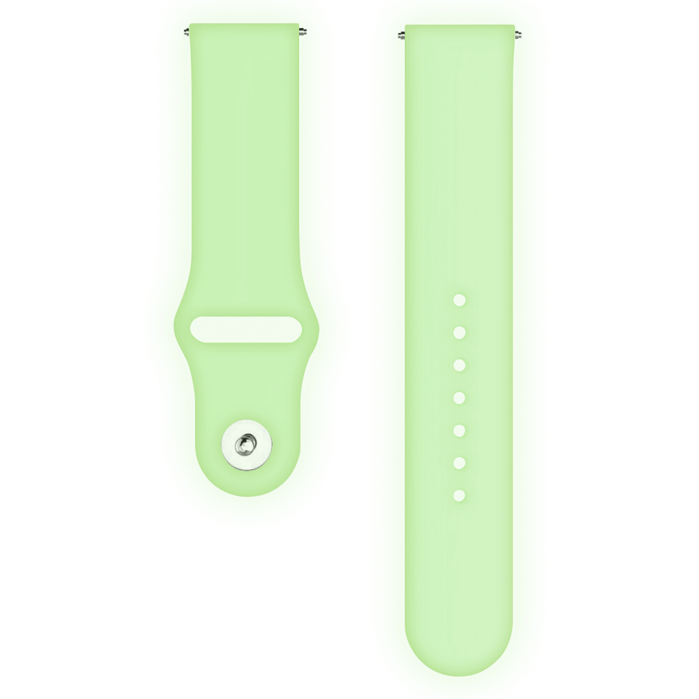 Zwei hellgrüne Uhrenarmbänder auf weißem Hintergrund. Ein Armband hat einen Verschluss, das andere hat Löcher zur Anpassung.