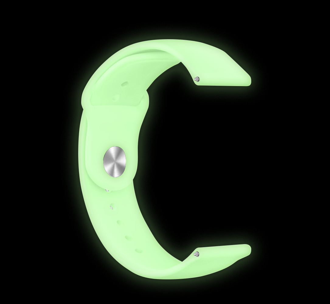 Ein hellgrünes Uhrenarmband vor schwarzem Hintergrund. Es hat einen silbernen Verschluss und Stift und ist gebogen.