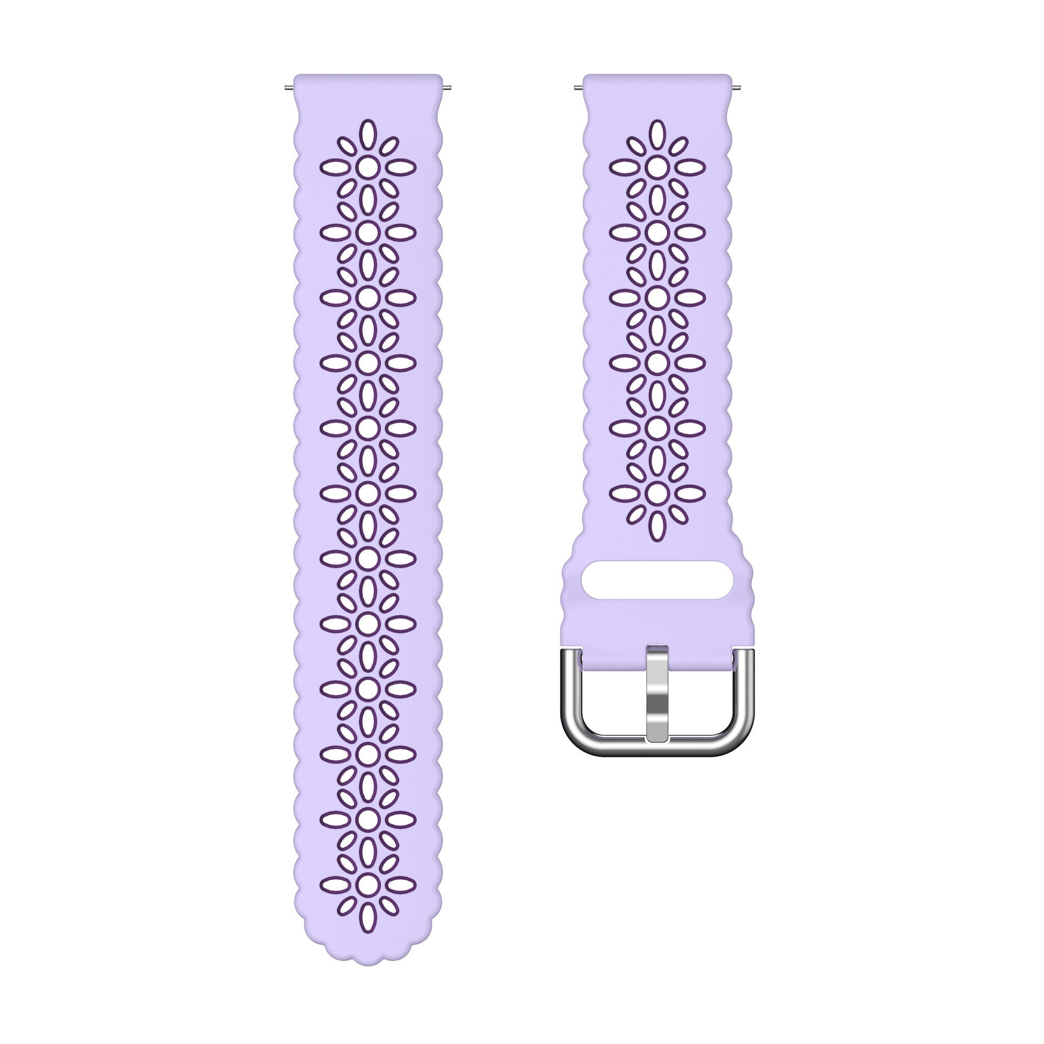 Zwei lavendelfarbene Uhrenarmbänder mit floralen Ausschnitten. Eines hat eine Schnalle.