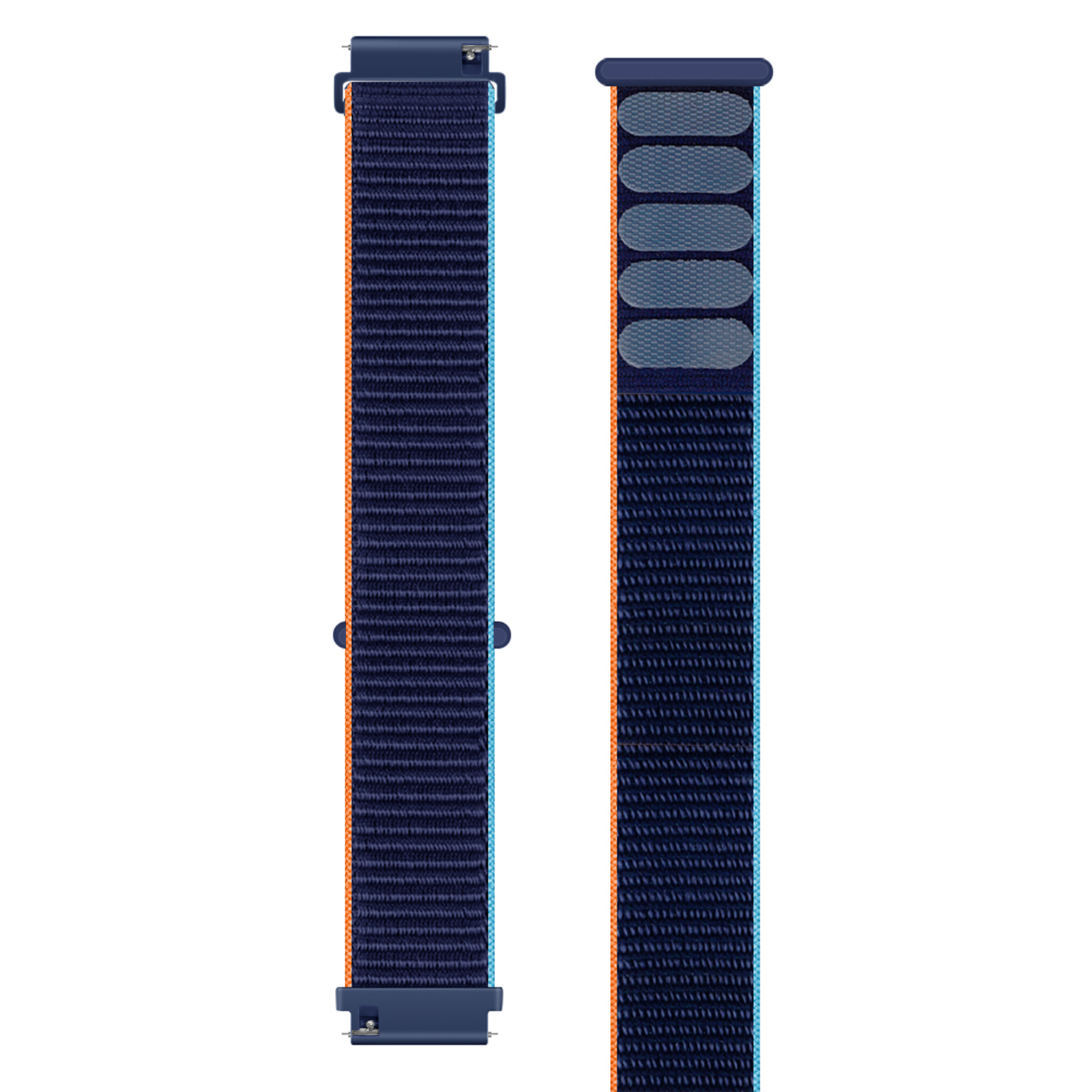 Zwei Armbänder. Dunkelblauer Stoff mit orangefarbenen und hellblauen Kanten. Eines mit Verschlüssen, das andere mit Klettverschlüssen.