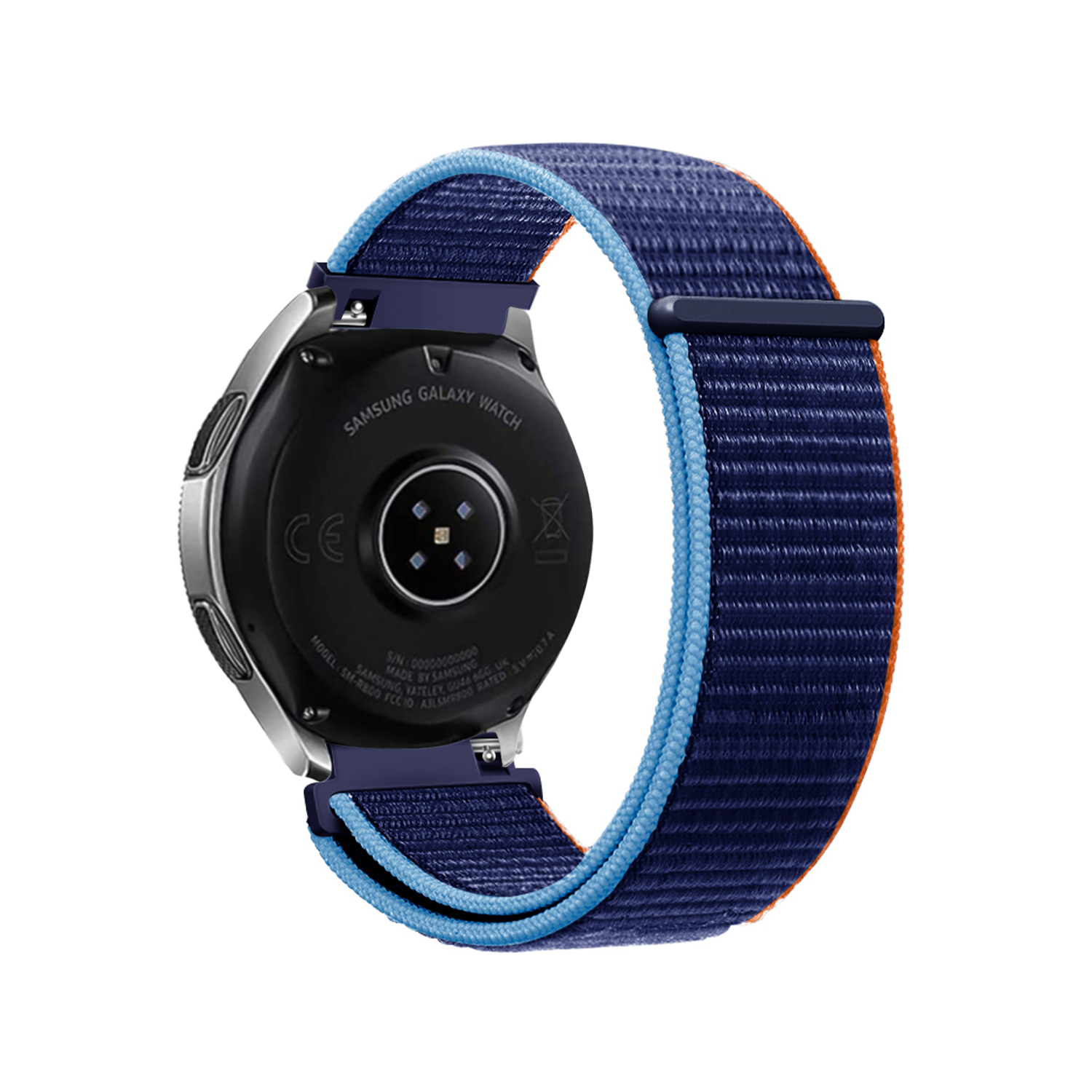 Eine Samsung Galaxy Watch mit marineblauem Stoffarmband. Das Armband hat hellblaue und orangefarbene Akzente. Die Uhr ist silber und schwarz.