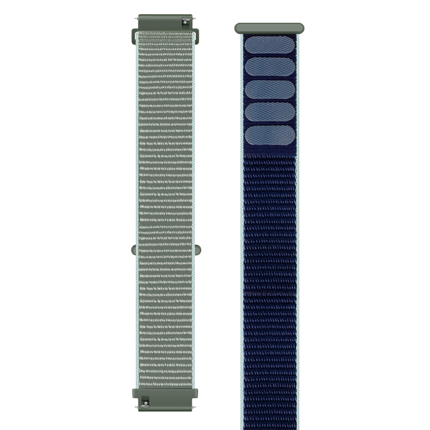 Zwei Uhrenarmbänder, eines olivgrün und das andere marineblau. Sie liegen nebeneinander auf weißem Hintergrund. Die Armbänder sind neu.