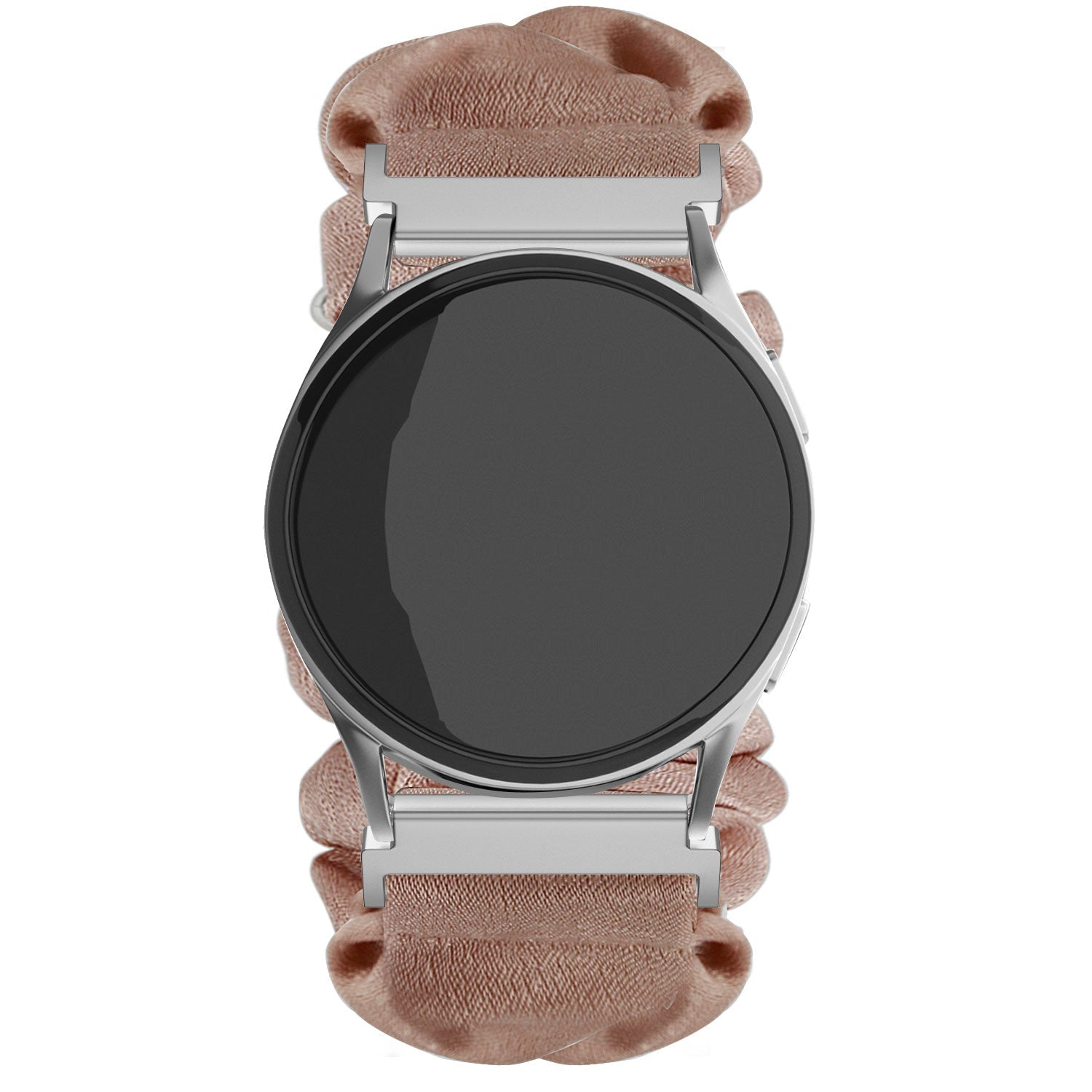 Eine silberne Smartwatch mit schwarzem Bildschirm und einem blushfarbenen Scrunchie-Band vor weißem Hintergrund. Die Uhr ist zentriert.