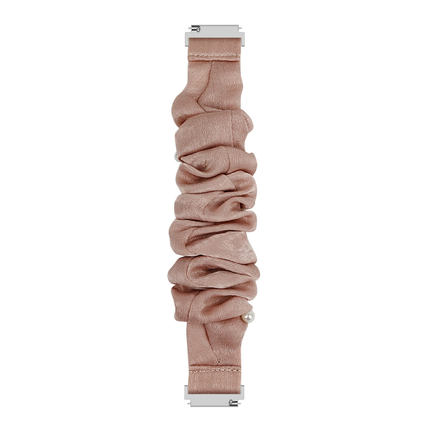 Ein Haargummi-Uhrenarmband mit einem rosafarbenen Stoff. Zwei silberne Metallaufsätze. Eine kleine Perle ist sichtbar.