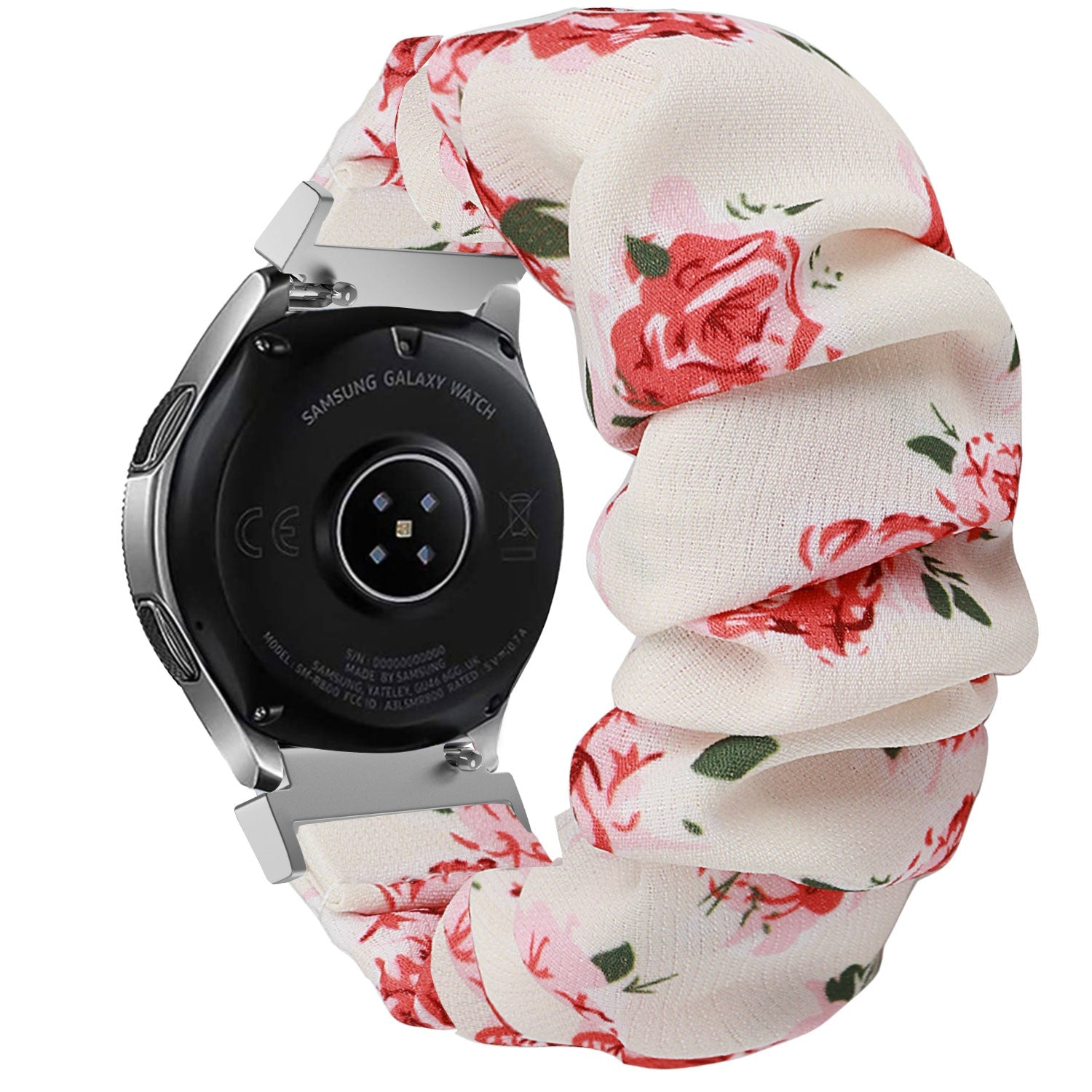 Eine Samsung Galaxy-Uhr mit einem Band mit Blumenmuster. Das Band ist weiß mit roten und rosa Rosen. Die Uhr ist silber und schwarz.