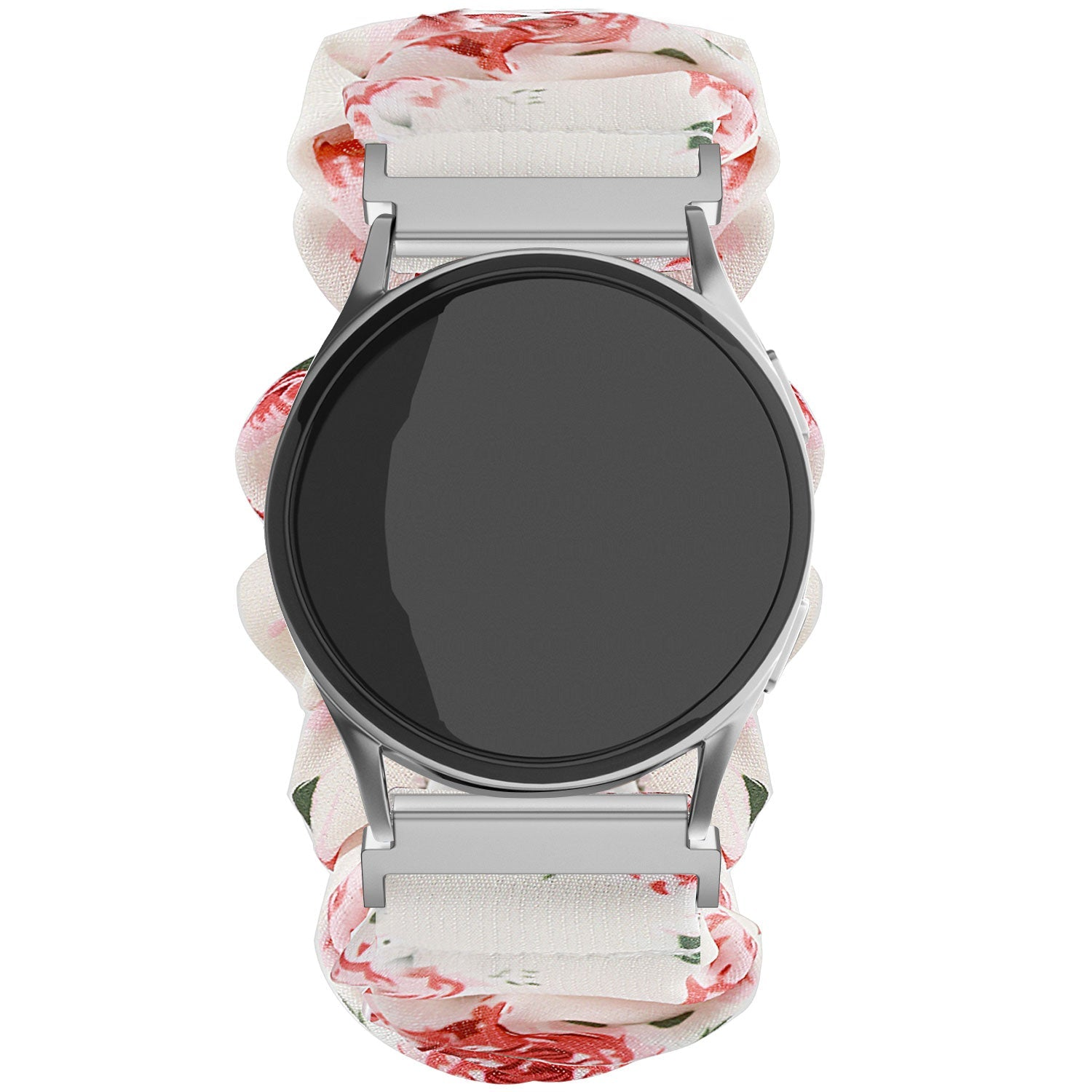 Eine silberne Smartwatch mit schwarzem Bildschirm, umgeben von einem floral gemusterten Band mit roten und weißen Blumen. Der Hintergrund ist weiß.