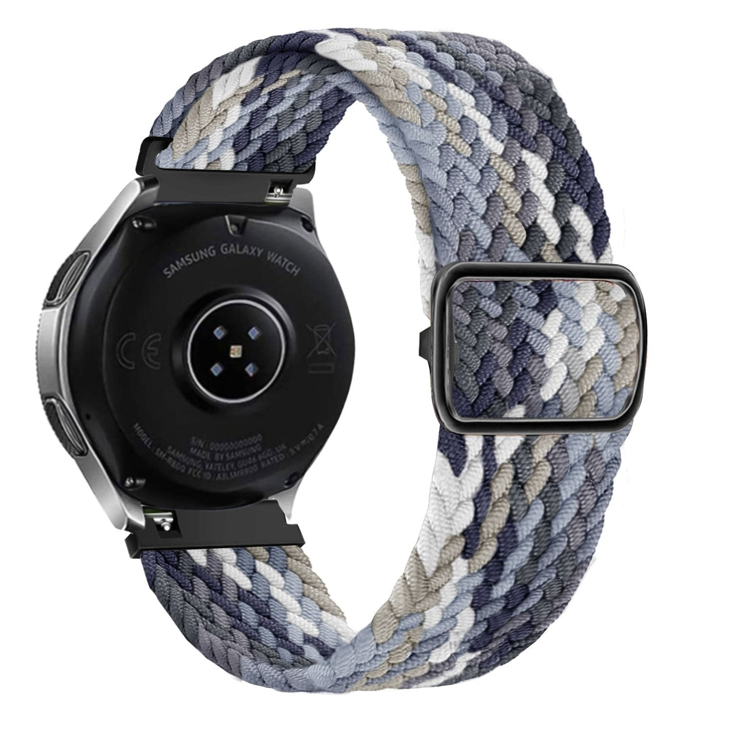 Eine Samsung Galaxy Watch mit einem geflochtenen Armband in Grau, Blau und Weiß. Die Rückseite der Uhr ist sichtbar, mit Text und Branding.