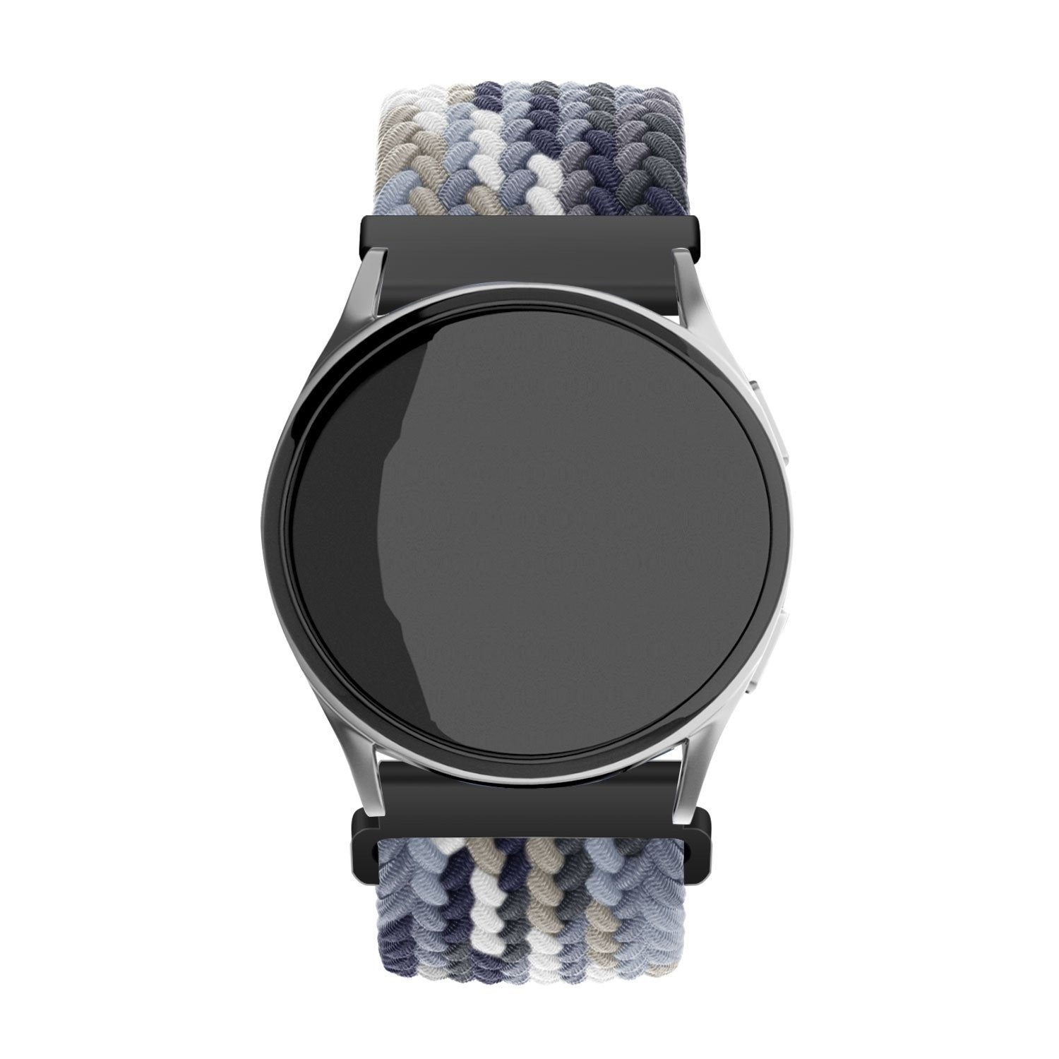 Eine runde Smartwatch mit schwarzem Bildschirm und silbernem Rand. Sie hat ein geflochtenes Armband in Blau-, Grau- und Weißtönen.