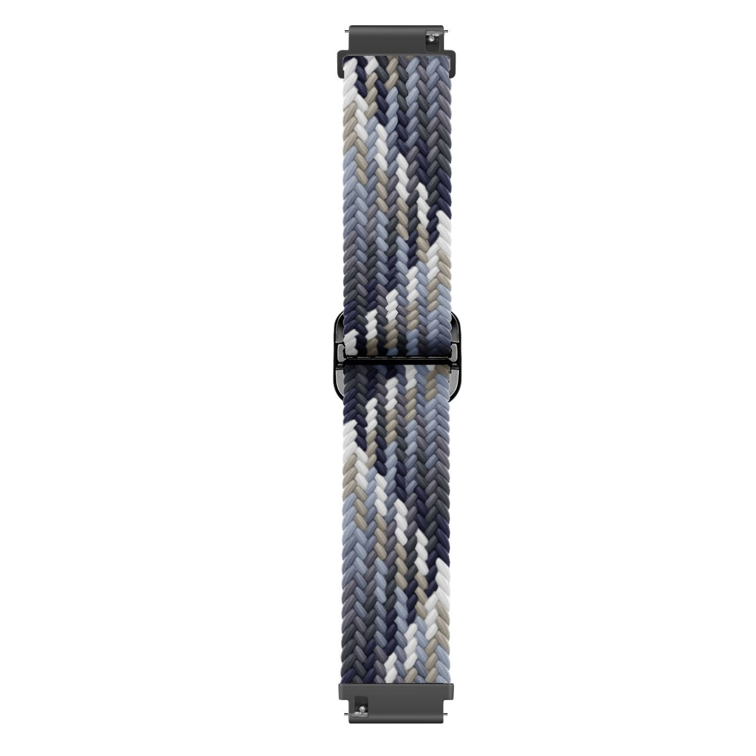 Ein Uhrenarmband mit gewebtem Muster in Weiß, Grau und Blau. Es hat eine schwarze Schnalle und Anschlüsse.