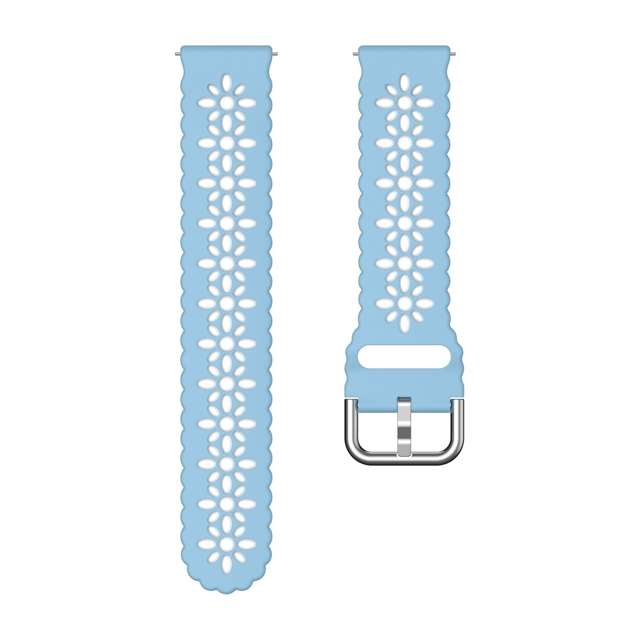 Hellblaues Uhrenarmband mit floralen Ausschnitten. Metallschnalle am rechten Band. Gewellte Kanten.