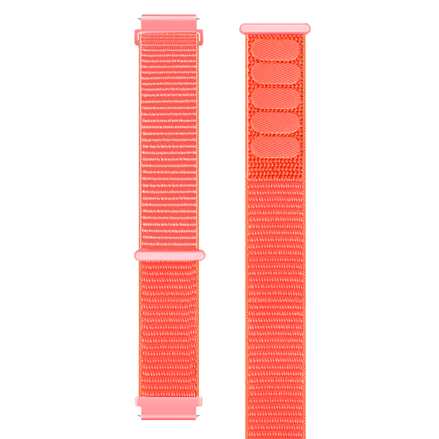 Zwei korallenfarbene Uhrenarmbänder. Eines hat einen Verschluss, das andere vier Klettverschlüsse. Beide sind auf weißem Hintergrund.