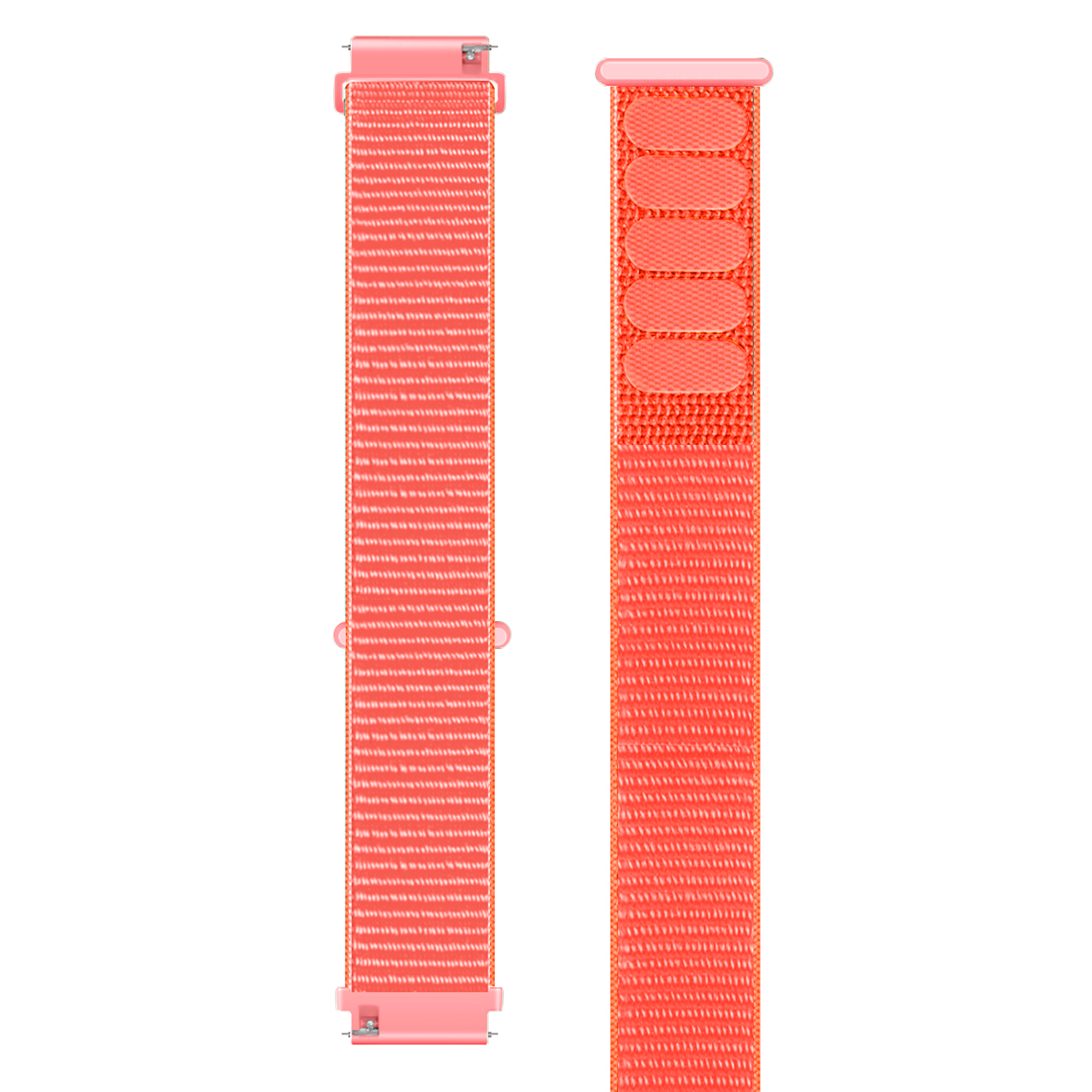 Zwei korallenfarbene Uhrenarmbänder auf weißem Hintergrund. Eines hat eine Schnalle, das andere vier ovale Klettverschlüsse zur Anpassung.