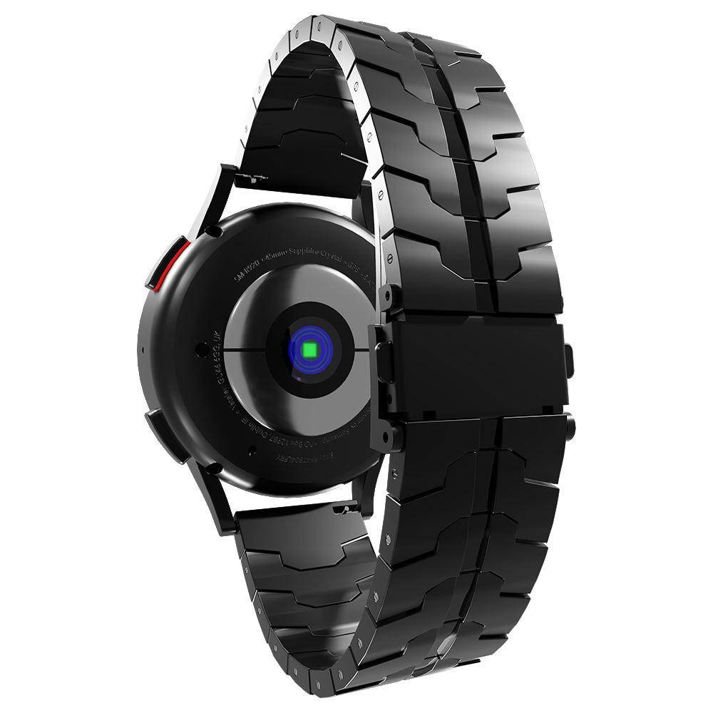 Schwarze Smartwatch mit Metallarmband, Rückseite mit Sensoren und Modellinfo. Das Armband ist detailliert und reflektierend.