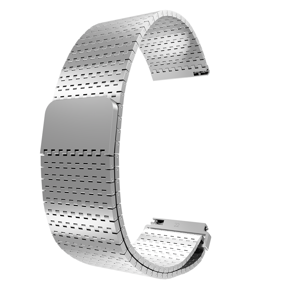 Ein silbernes, gebogenes Uhrenarmband mit perforiertem Design. Es hat einen rechteckigen Verschluss mit der Nummer 22. Weißer Hintergrund.