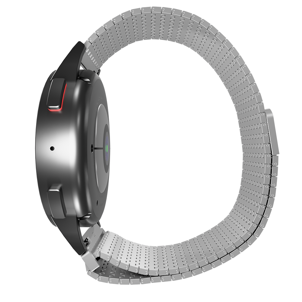 Eine silberne Smartwatch mit Metallarmband wird im Profil vor weißem Hintergrund gezeigt. Das Zifferblatt ist schwarz.
