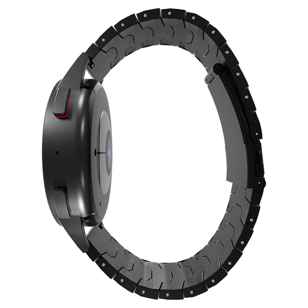 Eine schwarze Smartwatch mit Metallarmband wird von der Seite gezeigt. Das Zifferblatt ist dunkel mit einem kreisförmigen Bildschirm. Das Band ist offen.