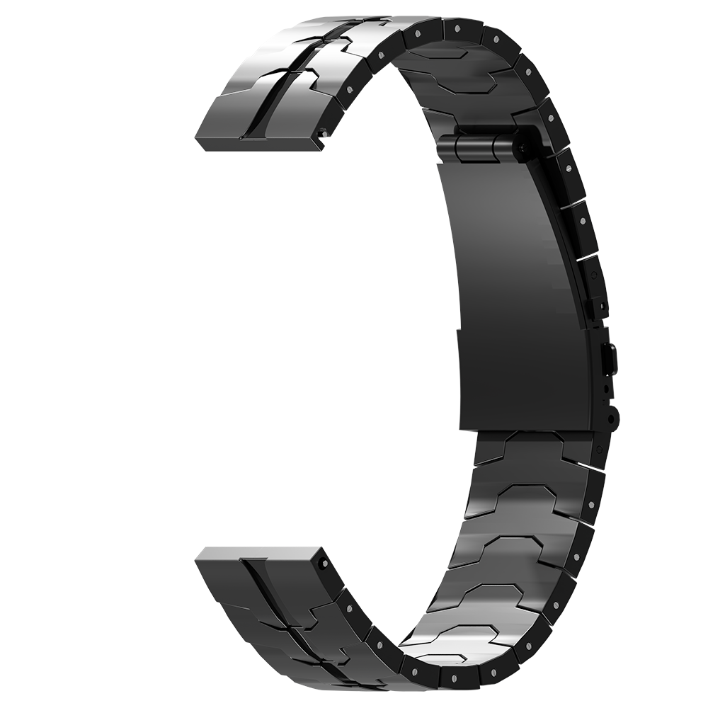 Schwarzes Metall-Uhrenarmband, gebogene Form, segmentiertes Design, mit glänzender Oberfläche. Isoliert auf weißem Hintergrund.