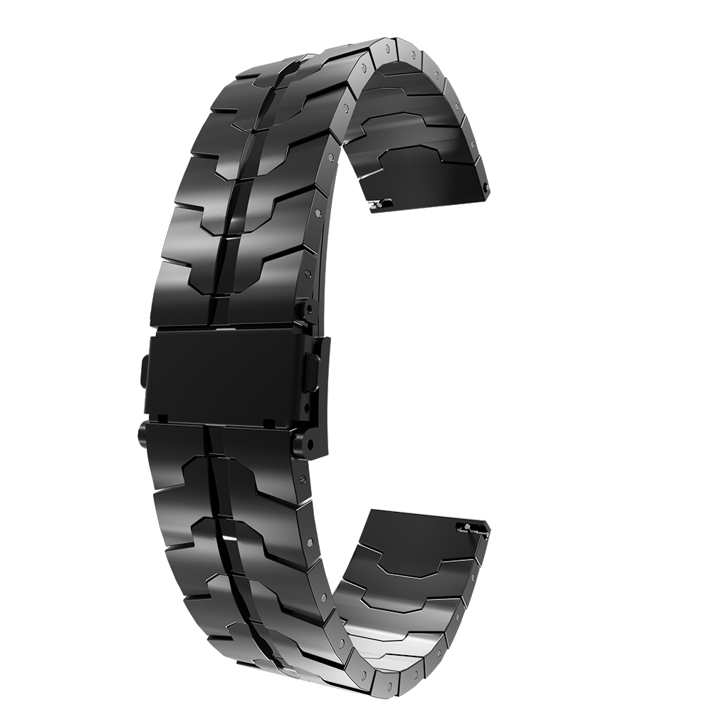 Ein schwarzes Metallarmband ist gebogen. Es besteht aus verbundenen Segmenten mit einem Verschluss in der Mitte. Der Hintergrund ist weiß.