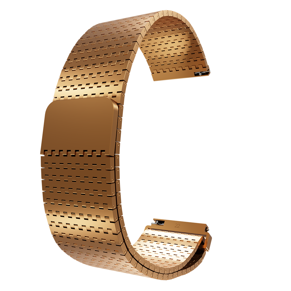 Ein goldfarbenes, gebogenes Uhrenarmband auf weißem Hintergrund. Das Armband ist metallisch und hat ein perforiertes Design mit Verschluss.