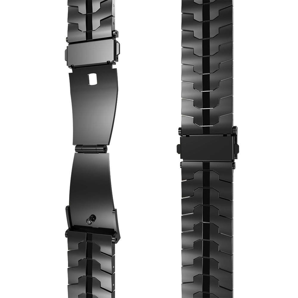 Zwei schwarze Uhrenarmbänder auf weißem Hintergrund. Eines ist unverschlossen und zeigt den inneren Mechanismus, das andere ist verschlossen.