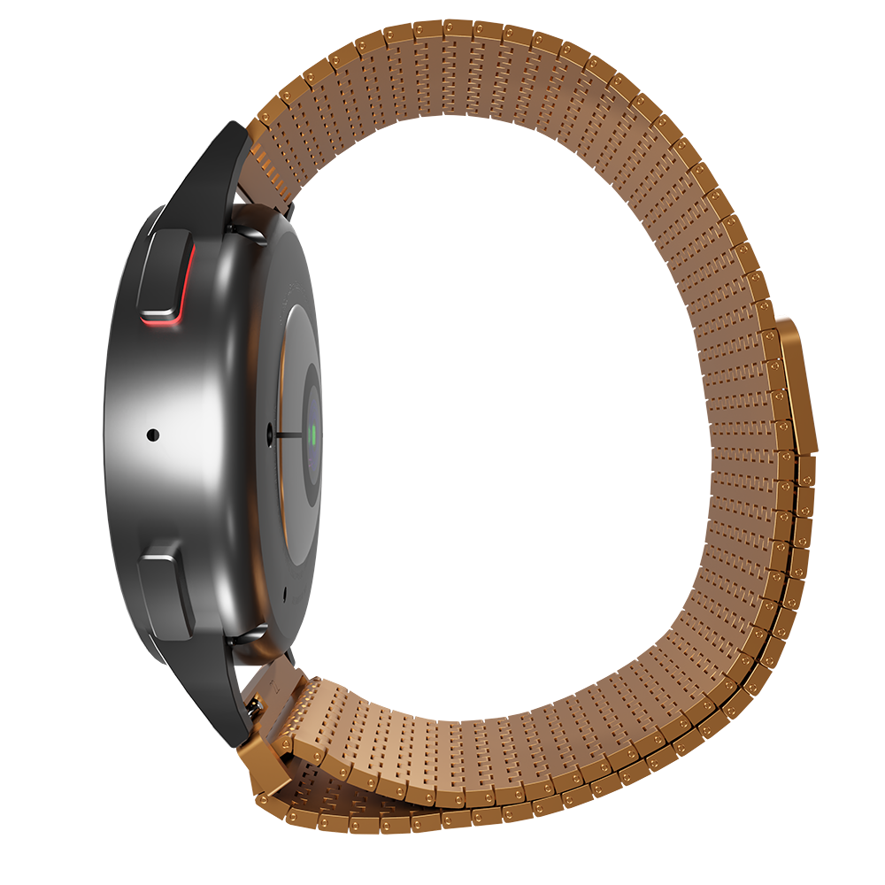 Seitenansicht einer Smartwatch mit Metallband. Die Uhr ist schwarz mit einem goldenen Band. Der Hintergrund ist weiß.