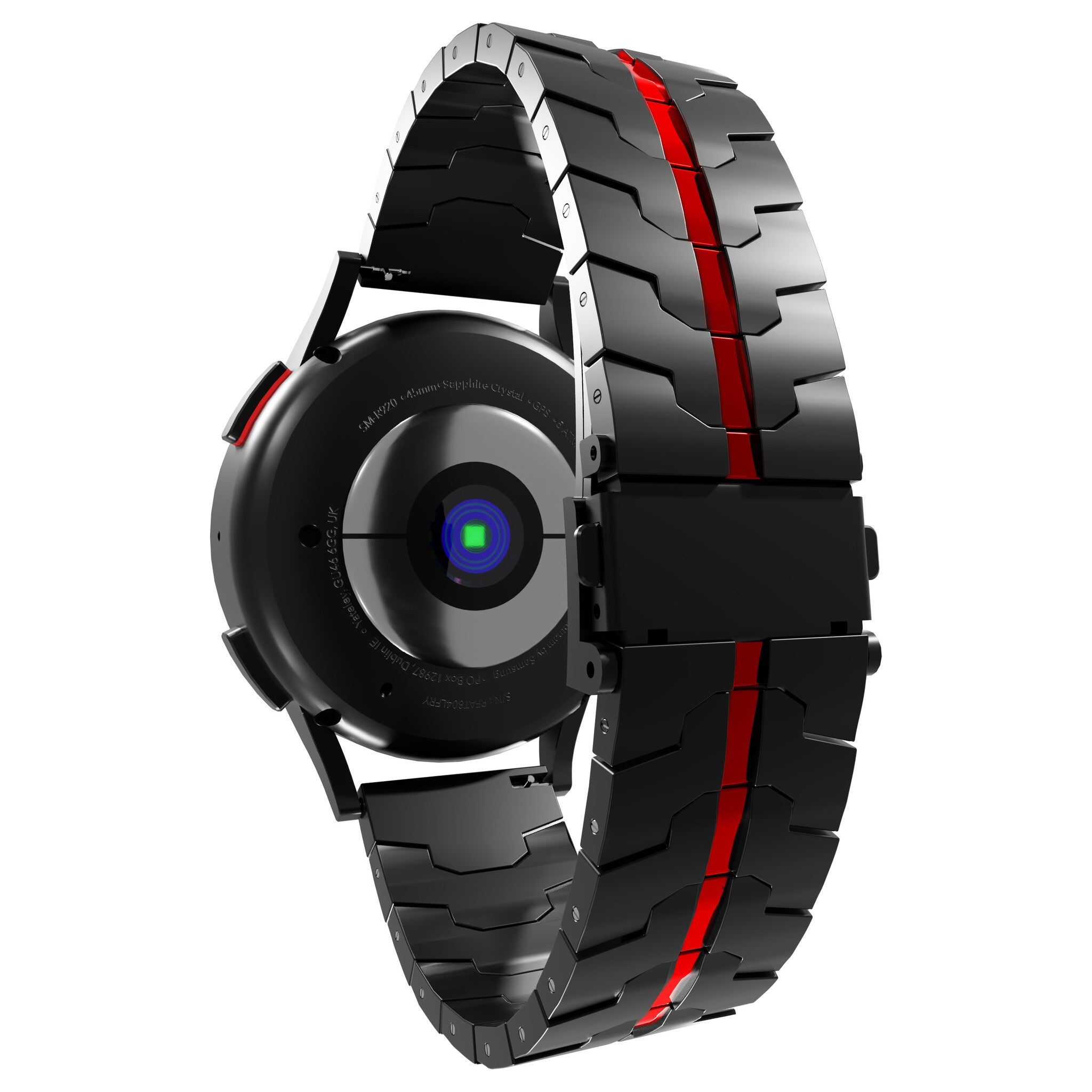 Schwarze Smartwatch mit rotem Streifen am Armband. Die Uhr hat ein rundes Zifferblatt und ein schwarzes Metallarmband.