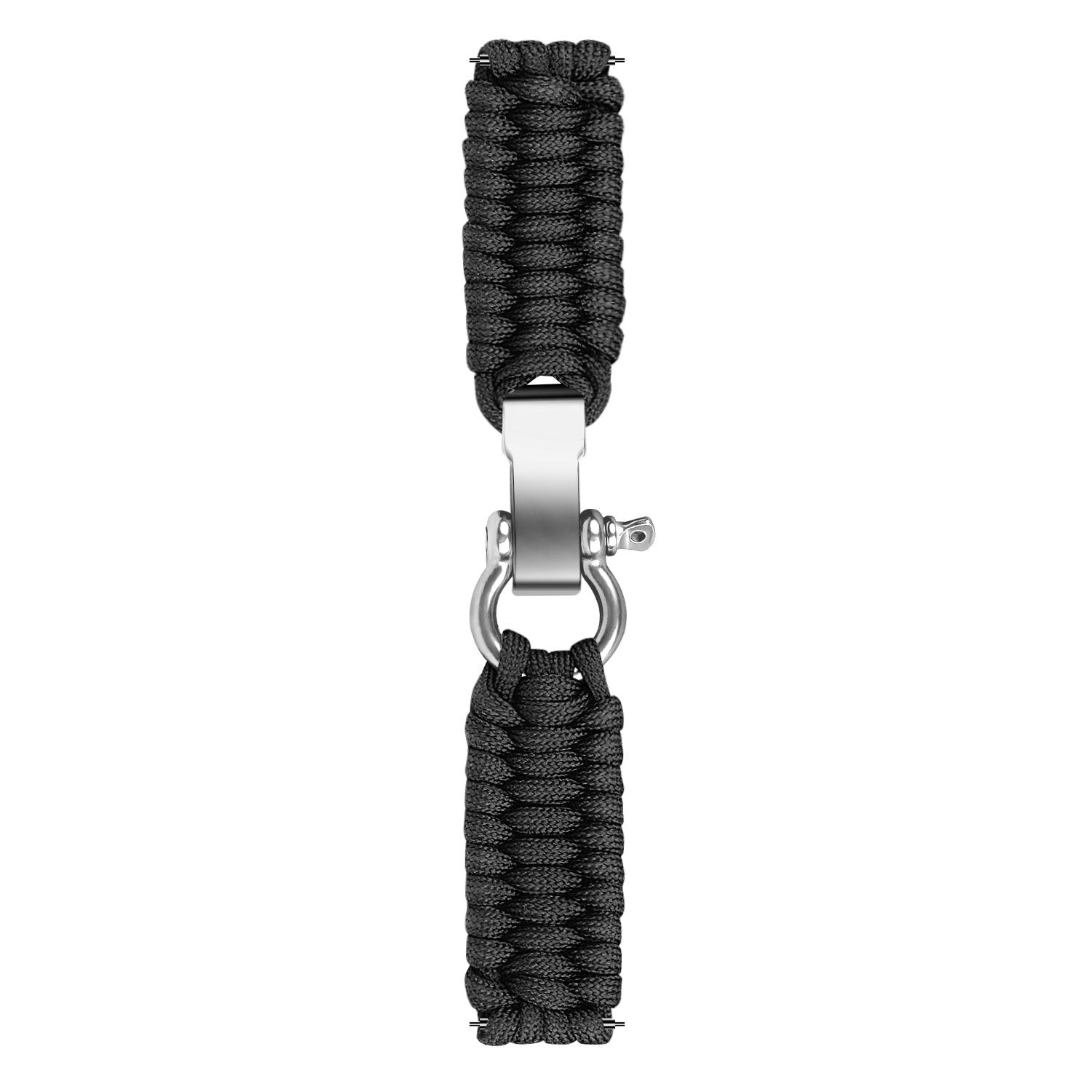 Schwarzes, geflochtenes Uhrenarmband mit silberner Schließe. Das Armband besteht aus dickem, gewebtem Material, die Schließe ist metallisch und glänzend.