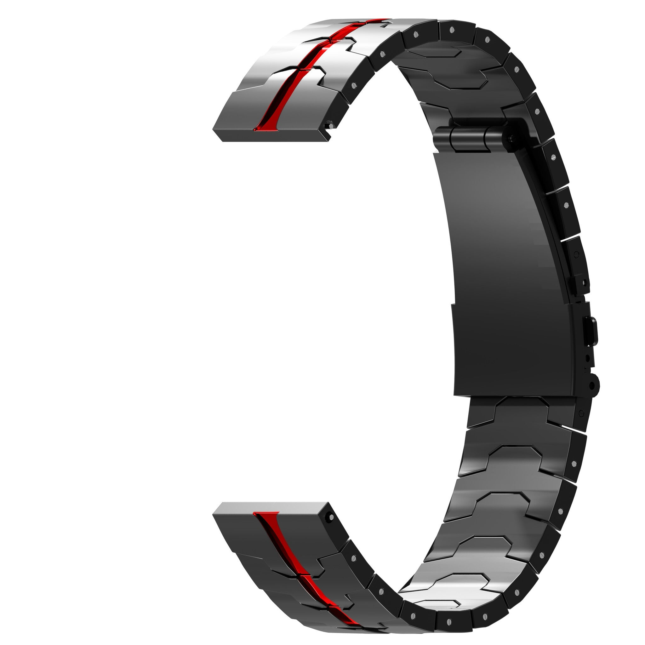 Schwarzes und silbernes Armband mit rotem Streifen. Der Hintergrund ist einfarbig weiß.
