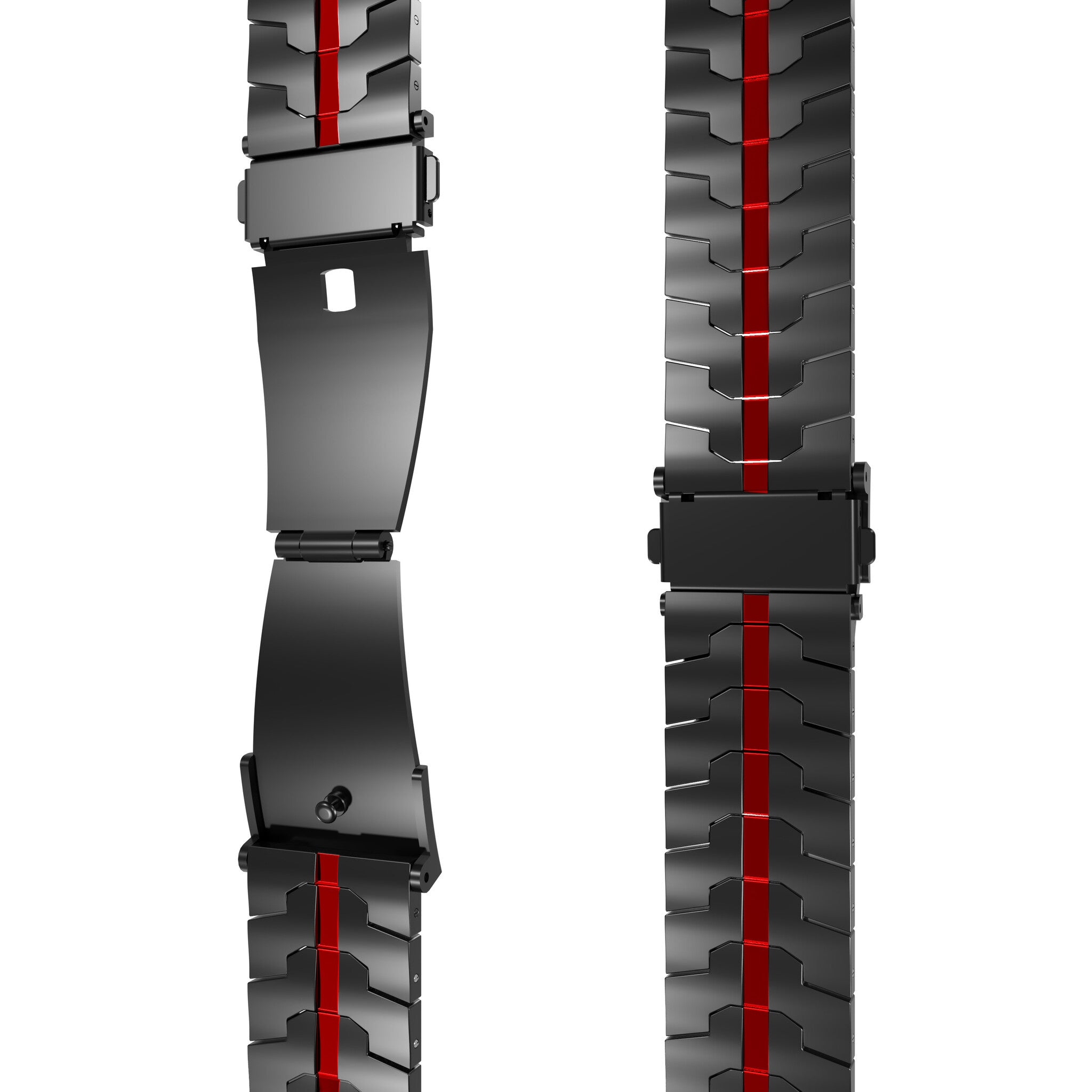 Schwarzes Uhrenarmband mit rotem Streifen. Teile sind abgetrennt und gefaltet. Weißer Hintergrund.