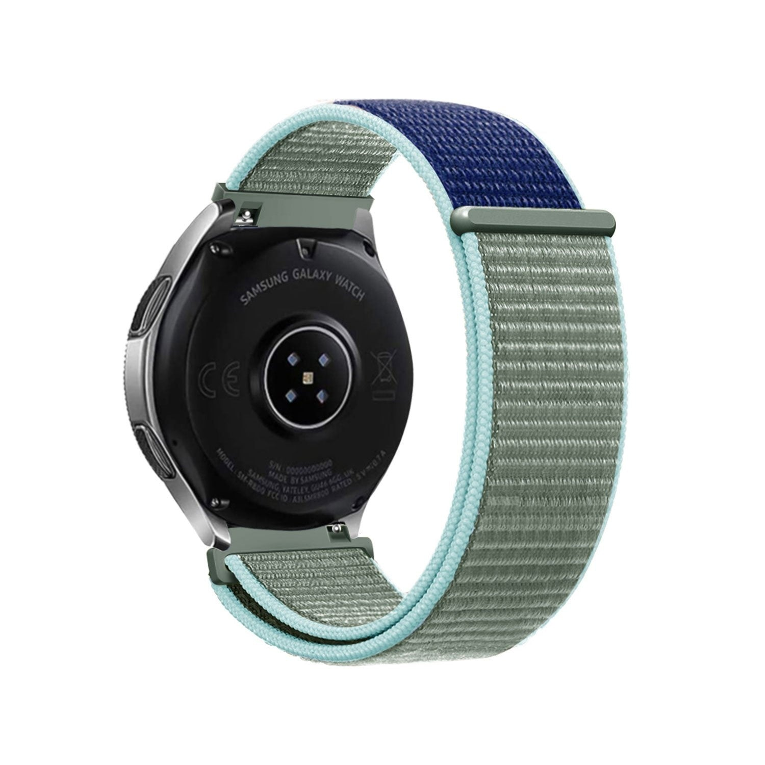 Eine Samsung Galaxy Watch mit blau-grauem Stoffband wird vor weißem Hintergrund gezeigt, die Rückseite der Uhr ist sichtbar.